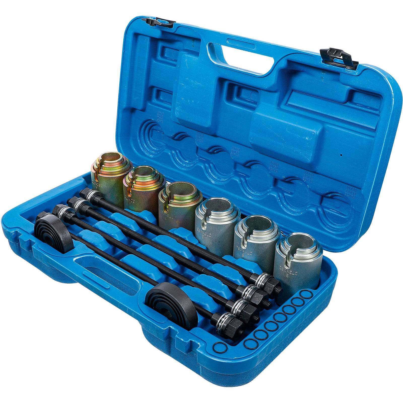 Eine blaue Plastikbox, die einen Satz von Radlagerwerkzeugen für Kraftfahrzeuge enthält, darunter Radkappen, Stangen und Dichtungen, in Fächern organisiert.