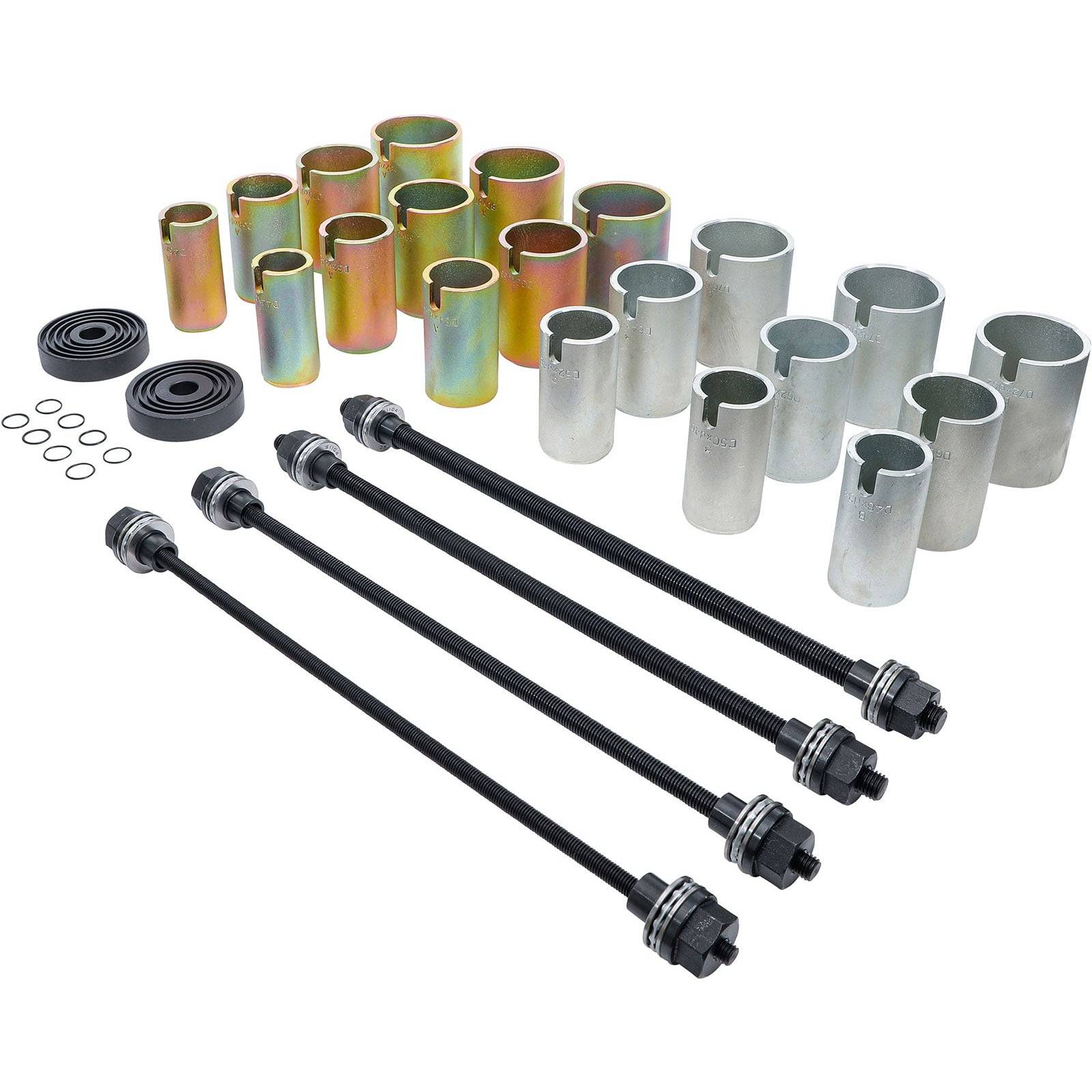 Buchsenwerkzeug-Set mit verschiedenen Metallzylindern und Gewindestangen für Autoreparaturen und -wartung.