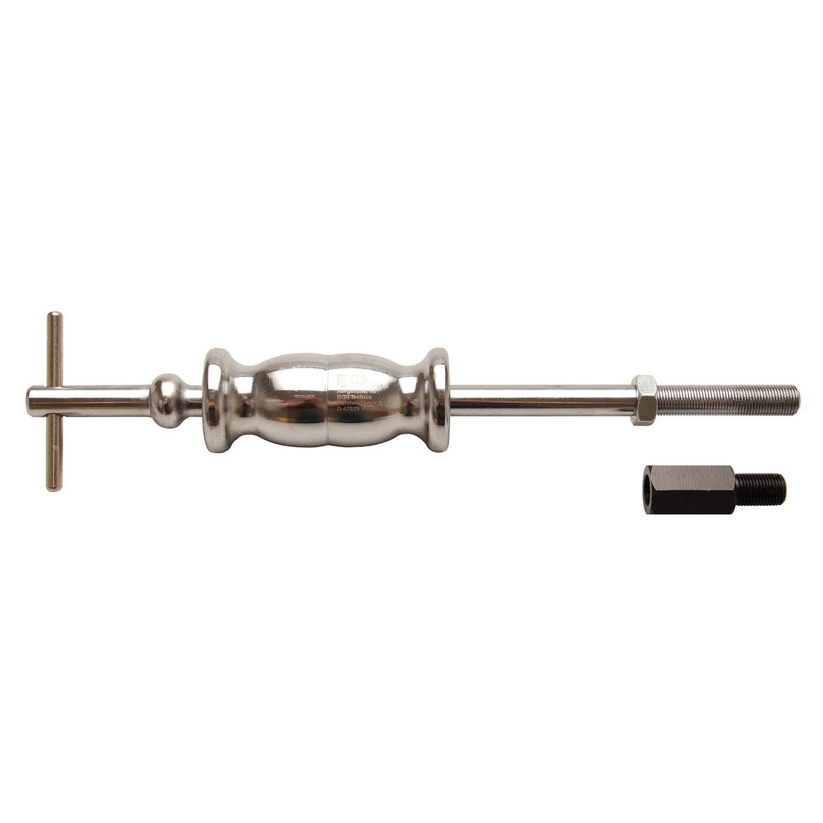 Schlaghammer-Auszieher-Werkzeug mit einem Griff und einer Gewindestange, verwendet zum Entfernen von Teilen. Enthält einen Adapter für erweiterte Funktionalität.