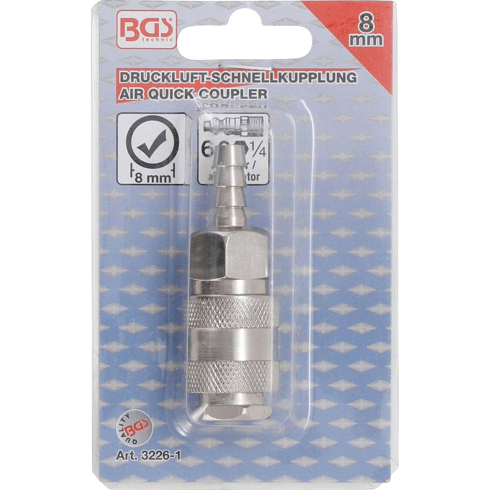 BGS Technic Druckluft-Schnellkupplung, 8 mm, in Verpackung mit Text auf Deutsch und Englisch, Häkchen-Symbol, Artikelnummer 'Art. 3226-1'.