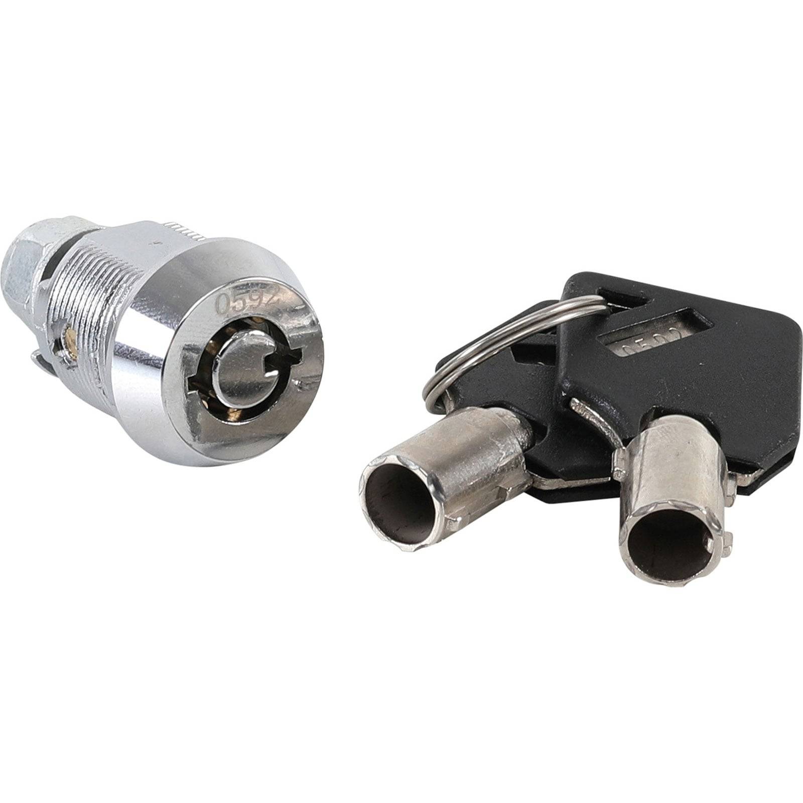 Ein Fassriegelverschluss mit zwei Rohrstiftschlüsseln an einem Schlüsselring. Das Schloss und die Schlüssel sind metallfarbig mit einer glatten, polierten Oberfläche, geeignet für Schränke oder Spinde.