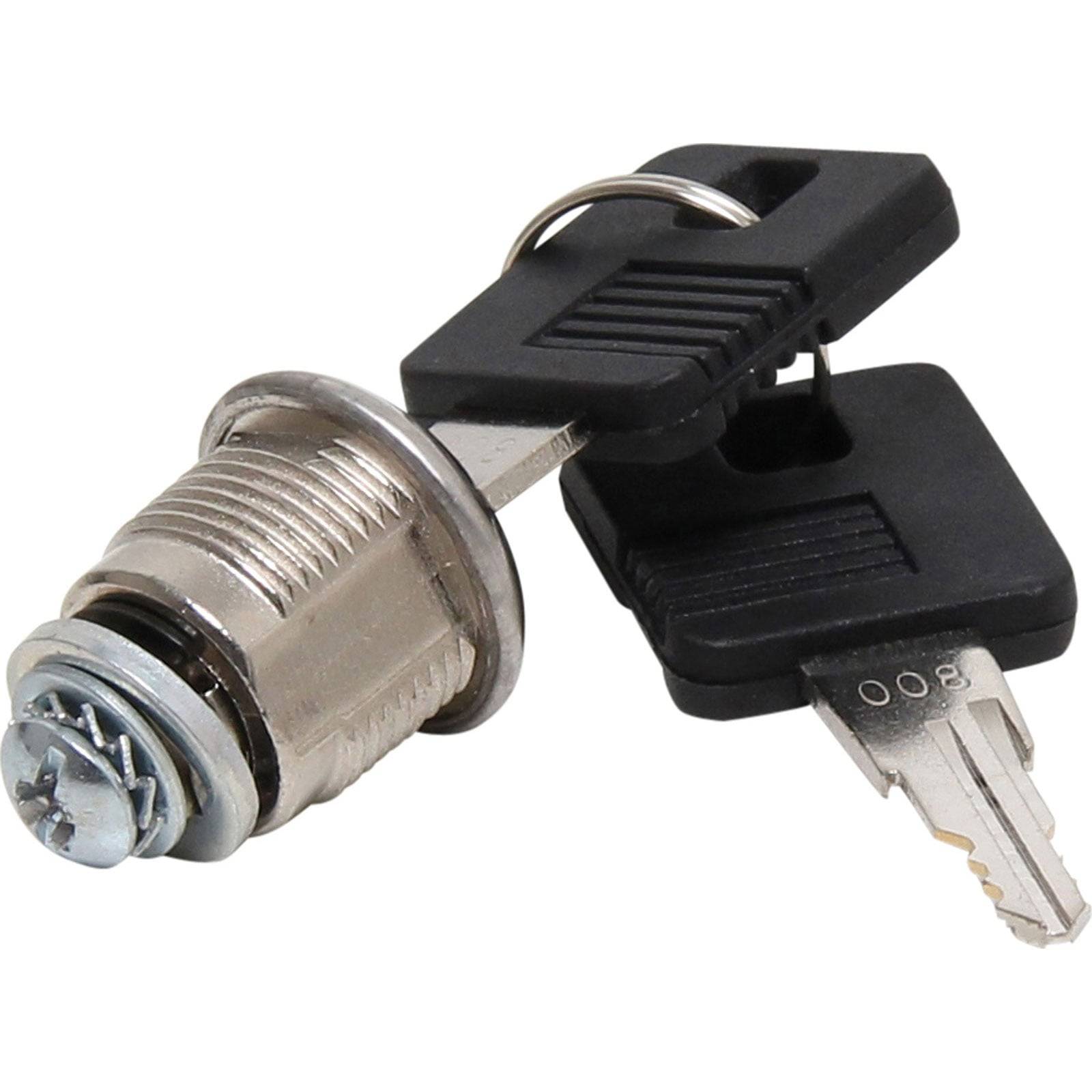 Ein Metallzylinderschloss mit zwei angehängten Schlüsseln, beschriftet mit „800