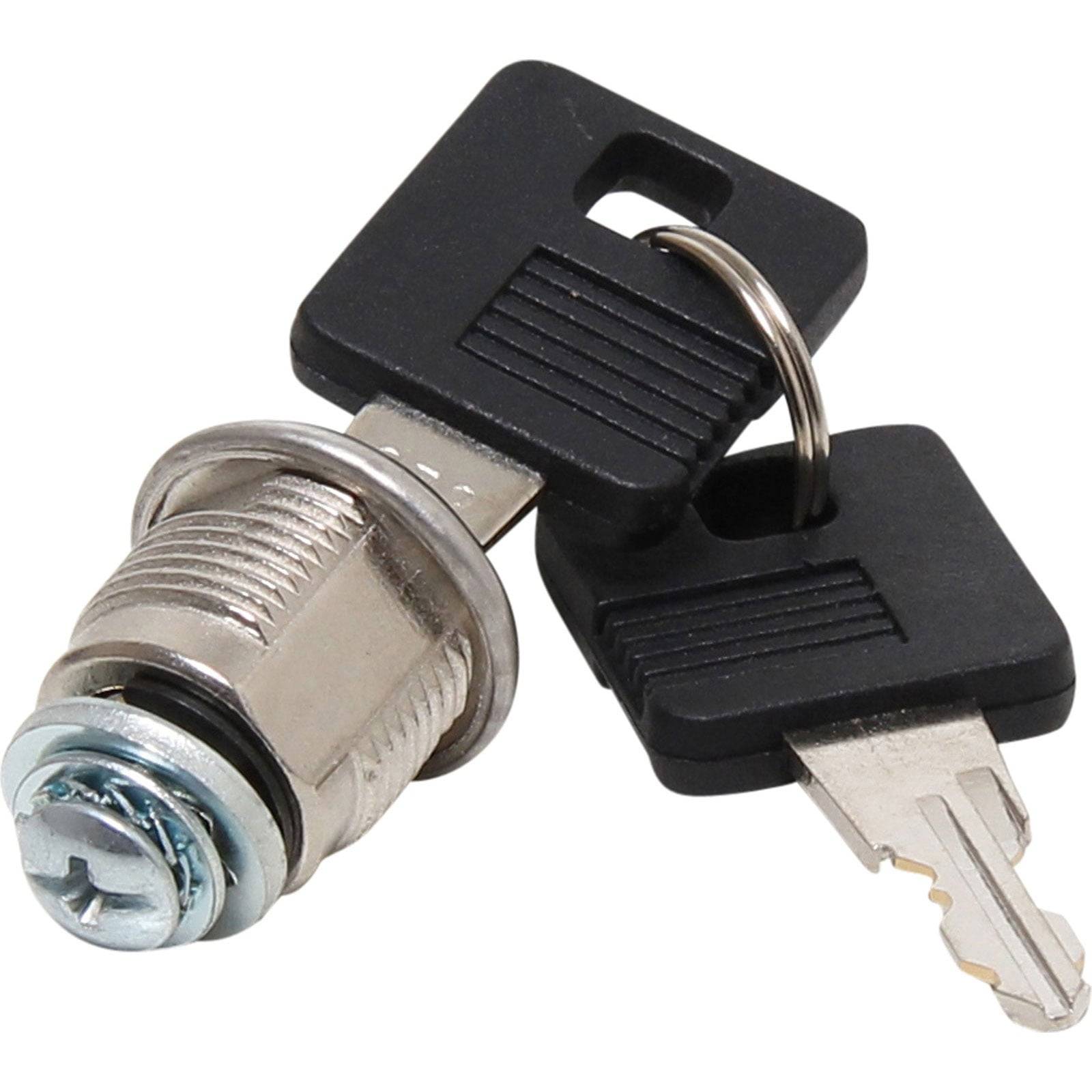 Ein Metallschloss-Zylinder mit zwei schwarzen Schlüsseln, an einem Schlüsselring befestigt, liegt auf einem weißen Hintergrund.