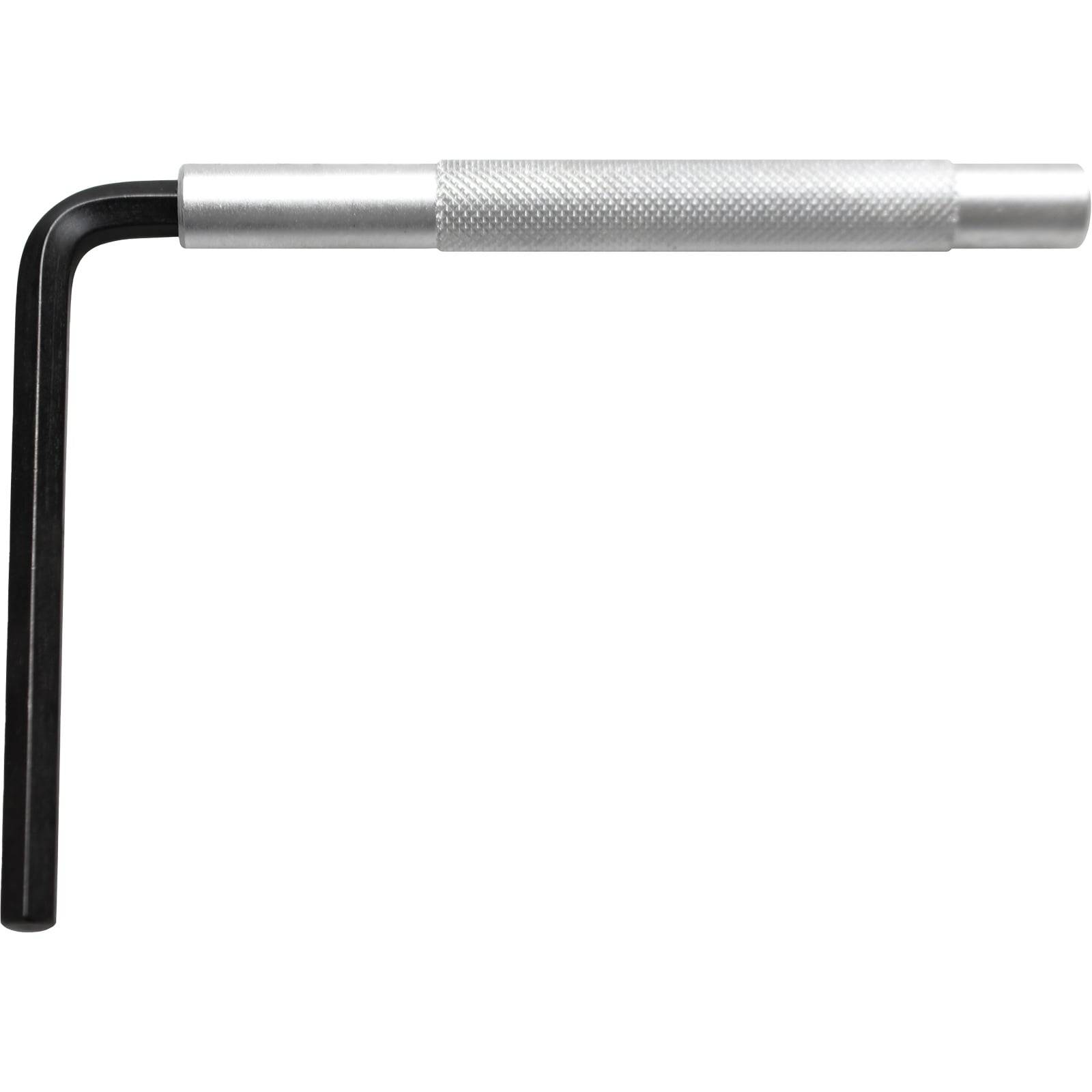 Ein L-förmiger Sechskantschlüssel mit einem silbernen, strukturierten Griff und einer schwarzen gebogenen Spitze, der zum Drehen von Sechskantschrauben und -bolzen verwendet wird.