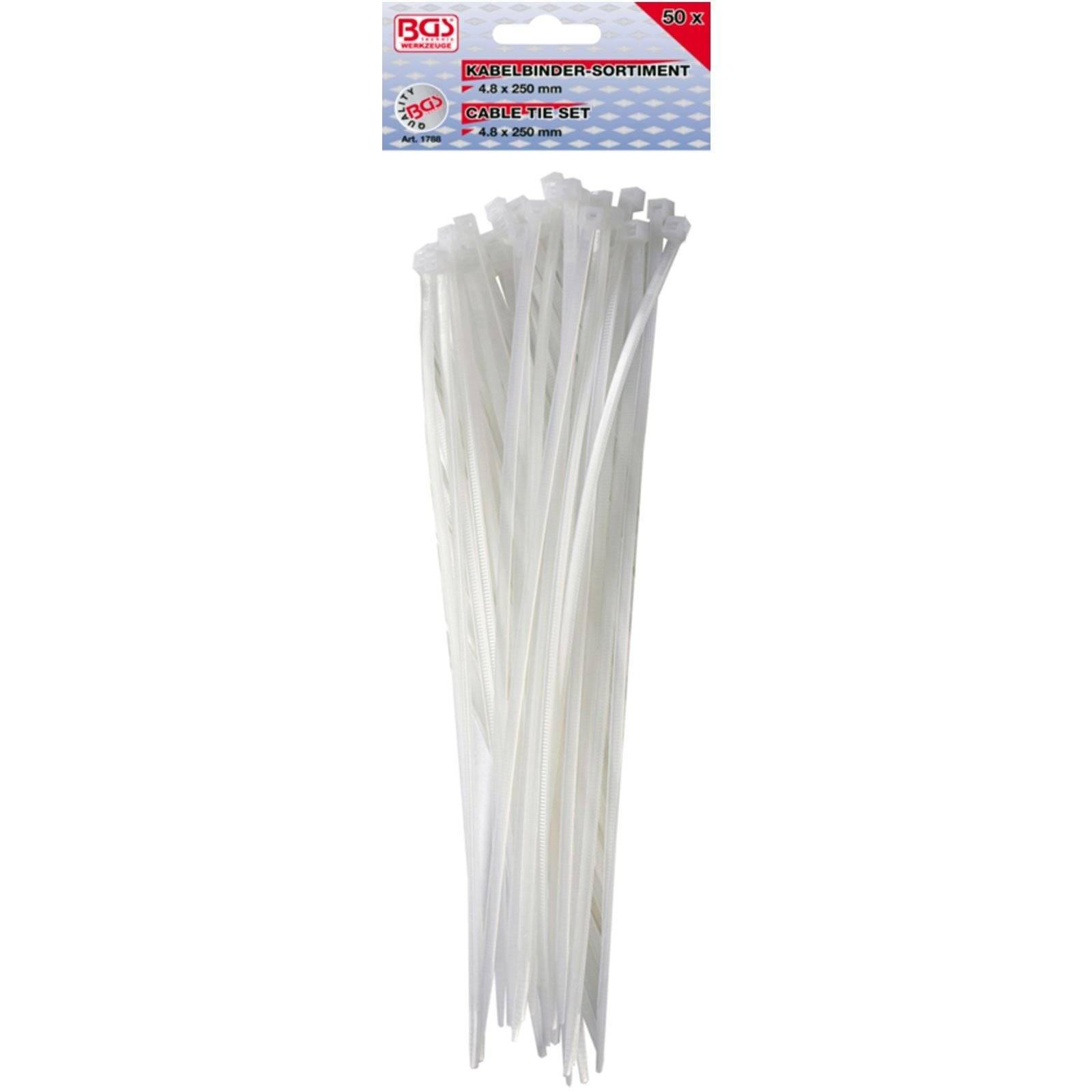 Ein Set BGS Kabelbinder-Sortiment, 4,8 x 250 mm, enthaltend 50 weiße Kabelbinder, vertikal vor einem weißen Hintergrund präsentiert.