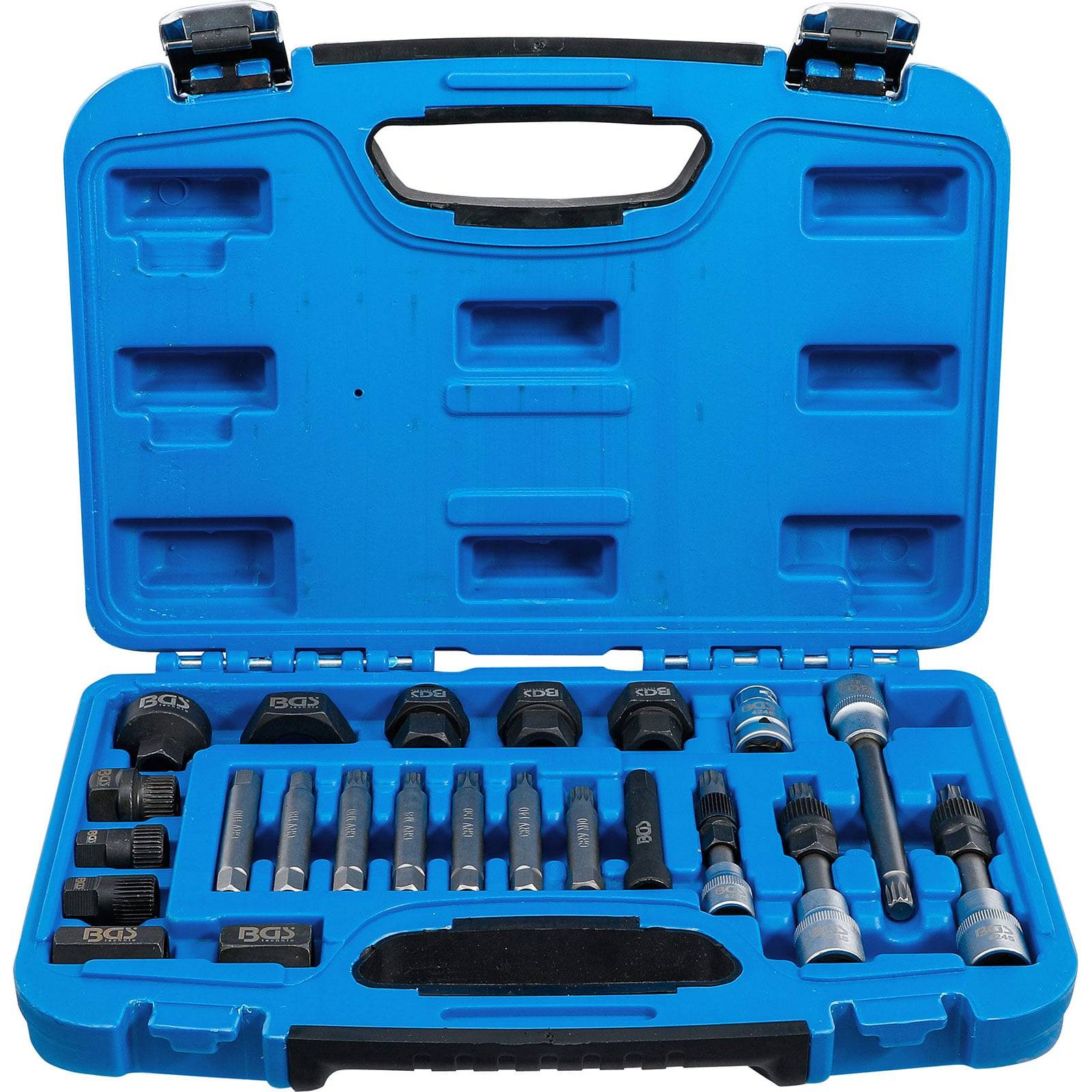 Eine blaue Werkzeugkiste geöffnet, die einen Satz verschiedener Steckschlüssel und Zubehör zeigt, die ordentlich im Inneren angeordnet sind.