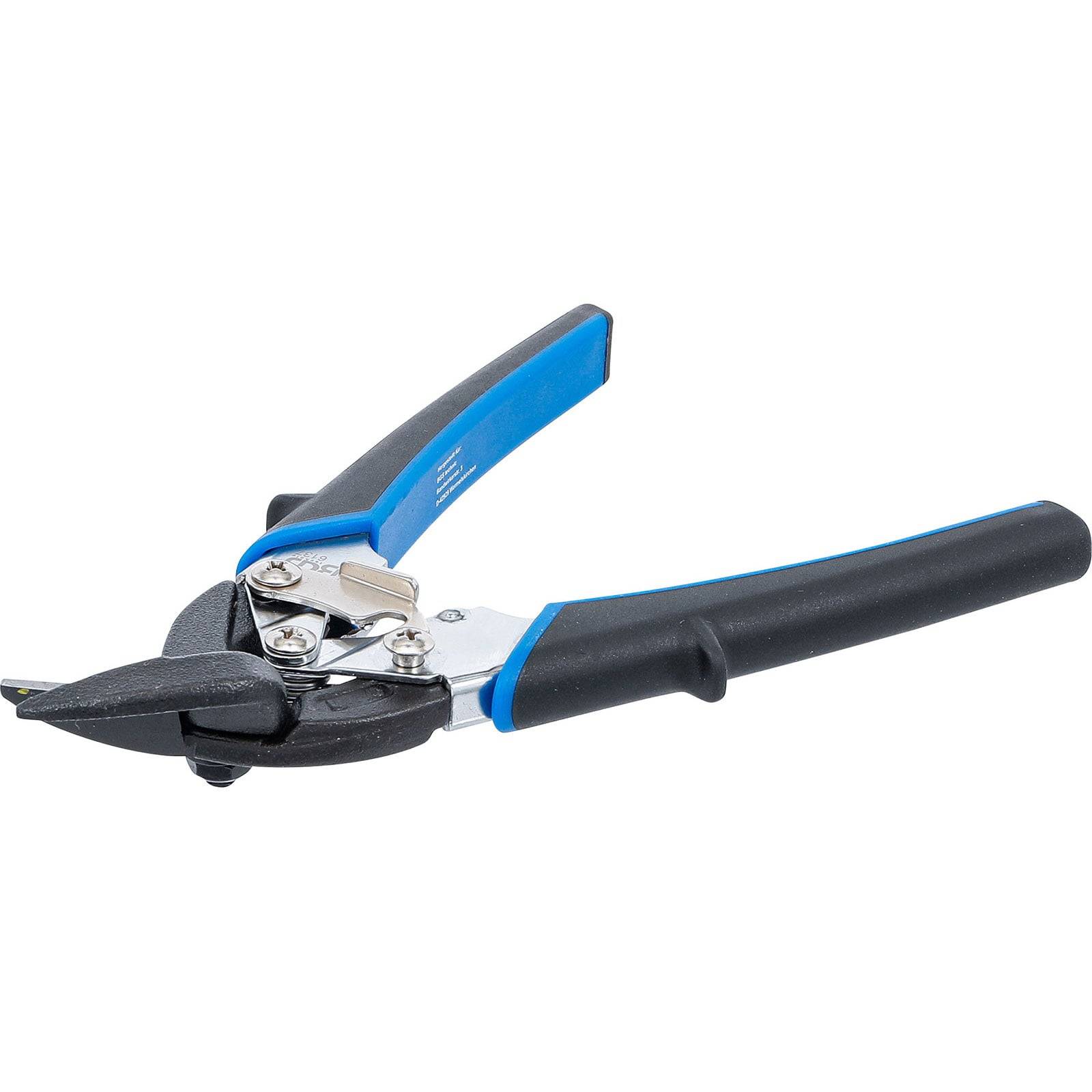 Ein Paar Metallblechscheren mit schwarzen und blauen ergonomischen Griffen, entwickelt zum Schneiden von Blech, dargestellt vor einem weißen Hintergrund.