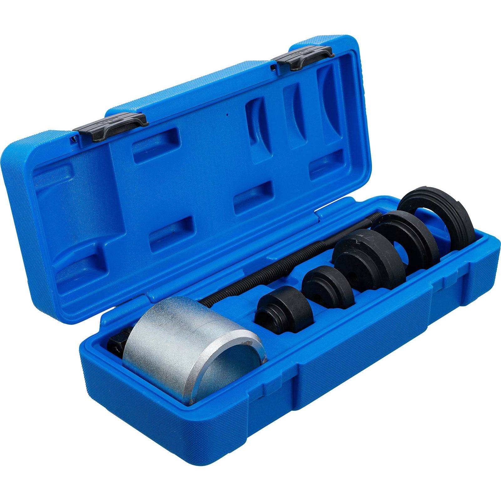 Eine blaue Kunststoffbox, die einen Lager- und Dichtungswerkzeug-Satz mit verschiedenen Anbauteilen enthält, die ordentlich im Inneren angeordnet sind.