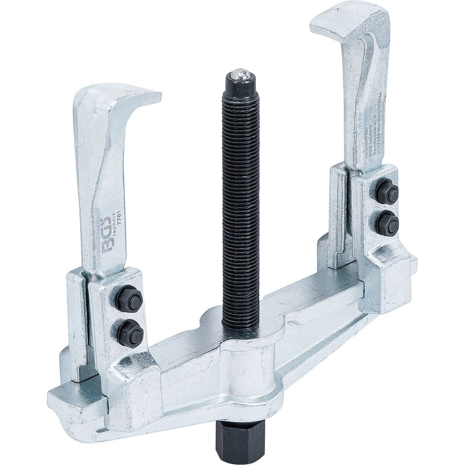 Ein Zahnradabzieher aus Silbermetall mit zwei verstellbaren Armen und einer zentralen Schraube, verwendet zum Entfernen von Zahnrädern von Wellen in mechanischen Anwendungen.