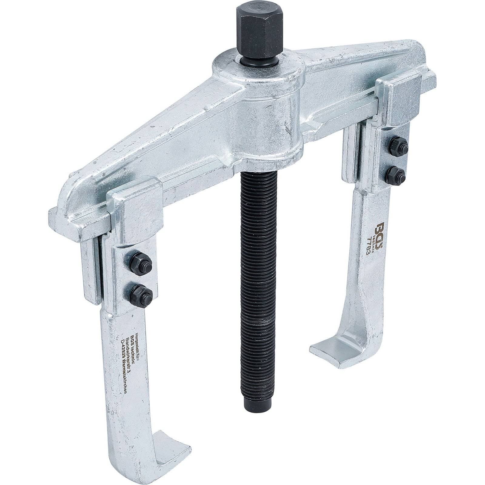 Ein Zwei-Backen-Abzieher mit einer zentralen Schraube und verstellbaren Armen, der zum Entfernen von Zahnrädern oder Riemenscheiben von Maschinenkomponenten verwendet wird.