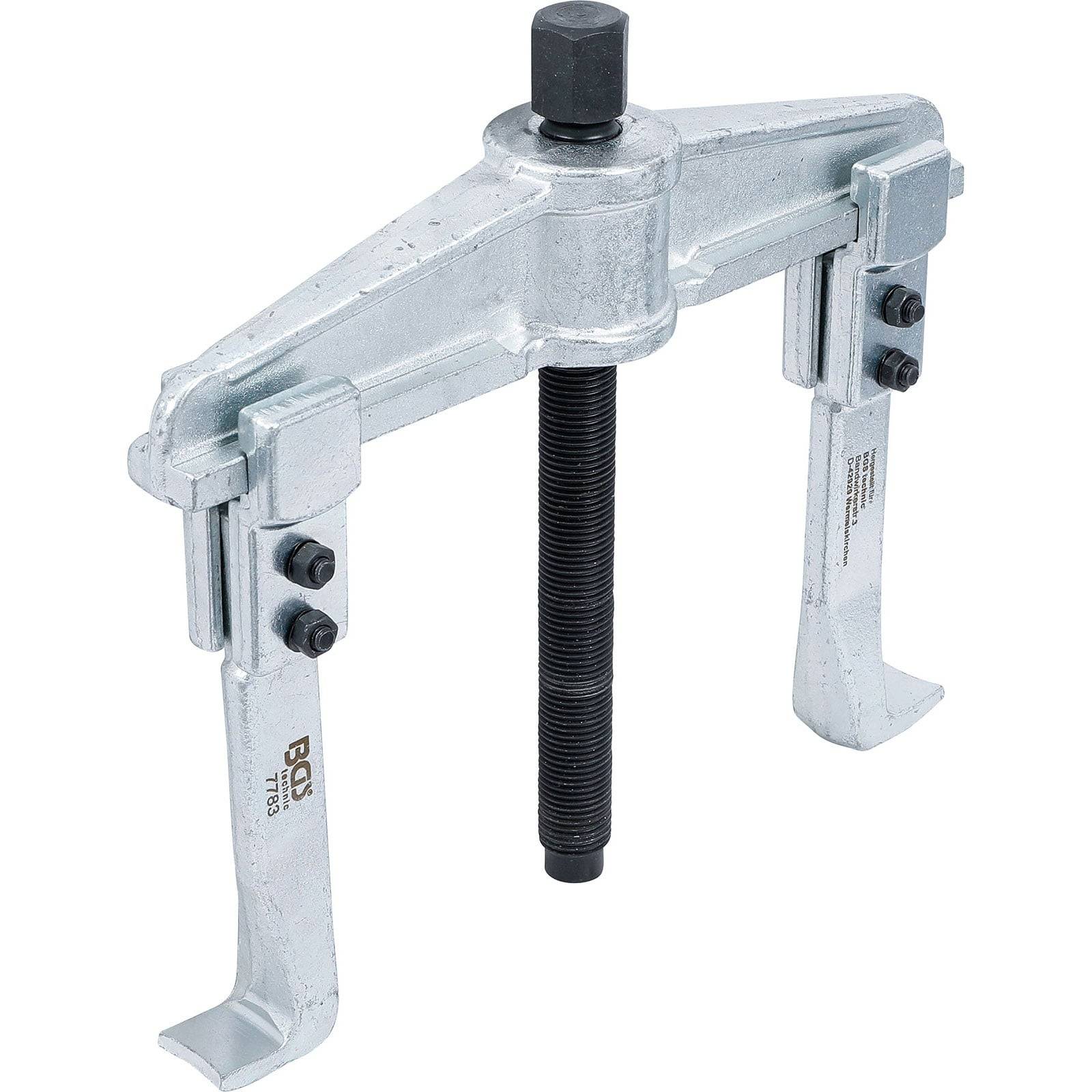 Ein Zwei-Arm-Abzieher mit verstellbaren Armen und Zentralschraube, der zum Herausziehen von Zahnrädern oder Riemenscheiben von einer Welle verwendet wird.