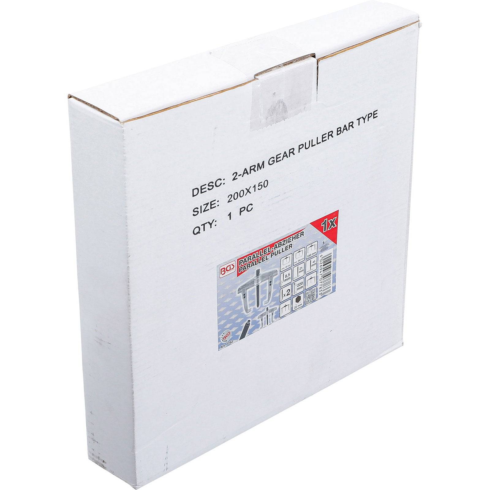 Weißes Etikett mit Beschriftung '2-Arm Getriebe-Abzieher Stabtyp', Größe 200x150, Menge 1 Stück, mit einer Abbildung des Werkzeugsatzes auf der Vorderseite.