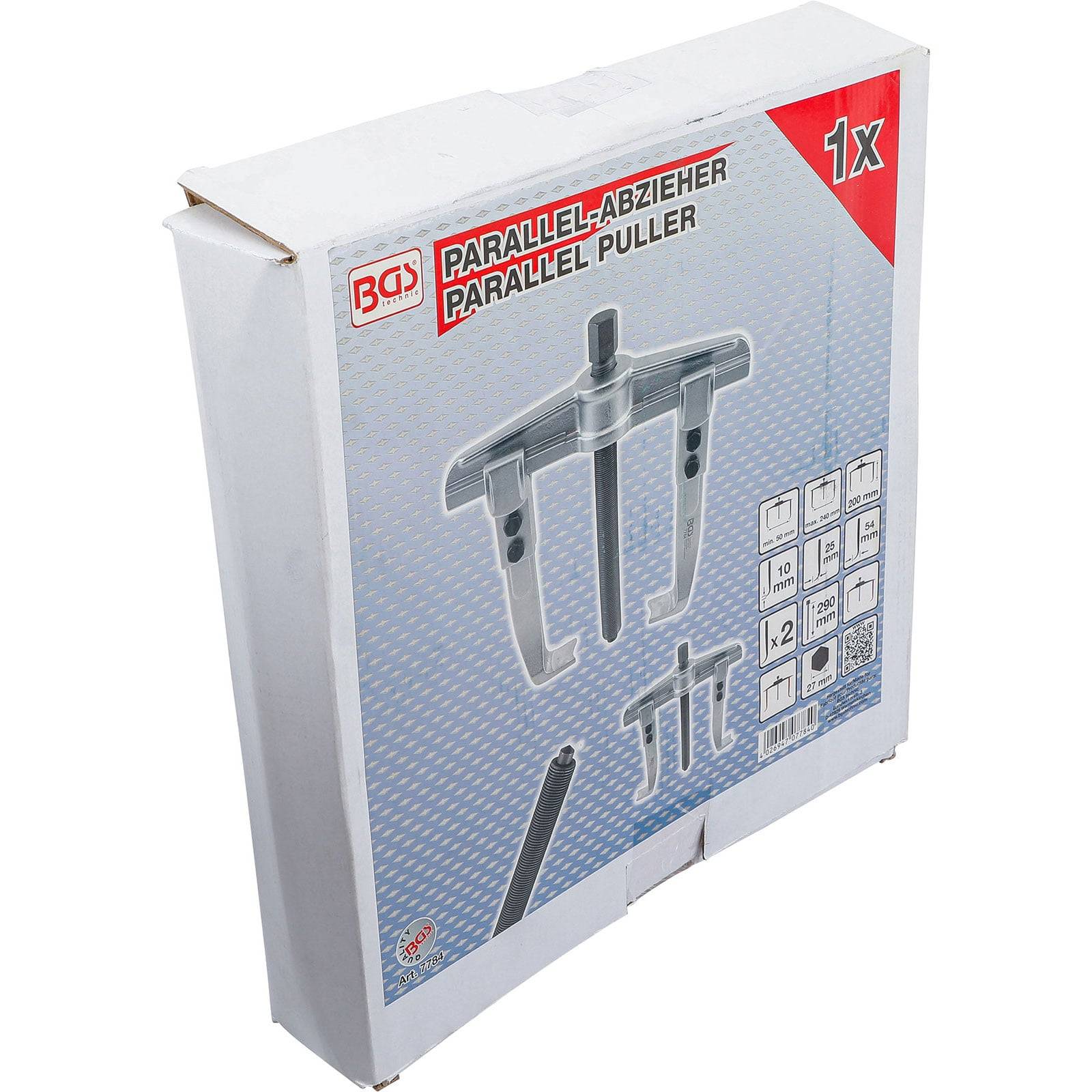 Werkzeugkasten mit einem parallelen Abzieher, beschriftet mit der Marke BGS. Die Vorderseite der Verpackung zeigt ein Bild des Werkzeugs und enthält technische Spezifikationen.