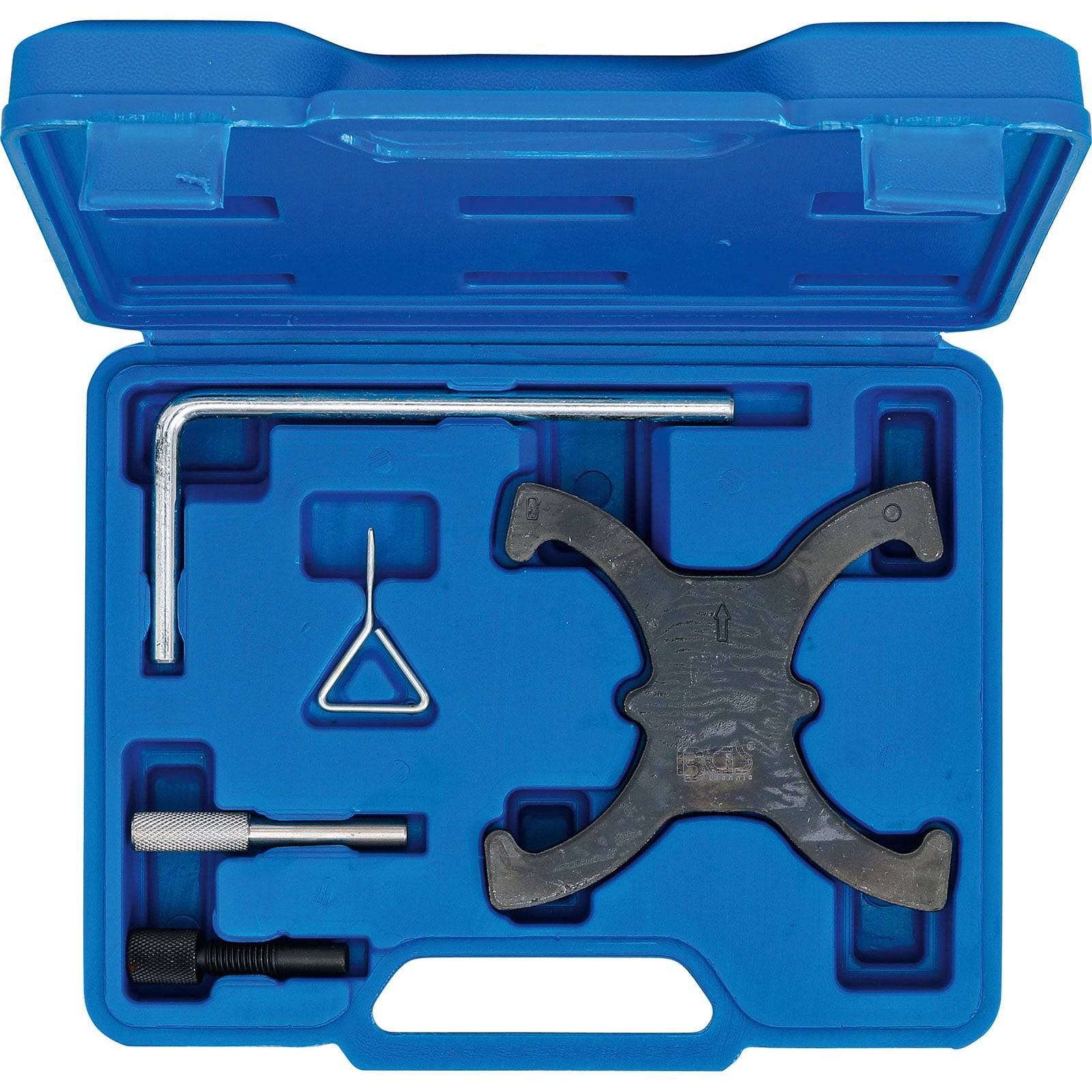 Eine blaue Plastikbox mit Autozubehör, darunter ein sternförmiges Werkzeug, ein Inbusschlüssel, ein dreieckiges Werkzeug und ein Bolzen.