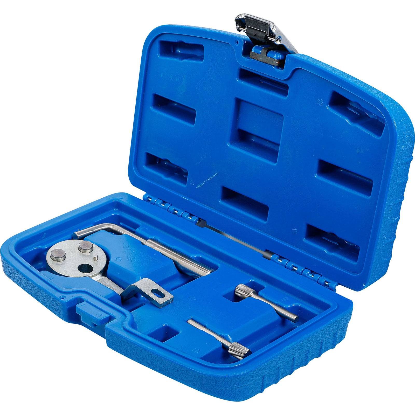 Blaue Plastikbox mit einem Metallwerkzeugset, das einen Mehrfachschlüssel und verschiedene Schraubenziehereinsätze enthält, verwendet für mechanische Reparaturen.