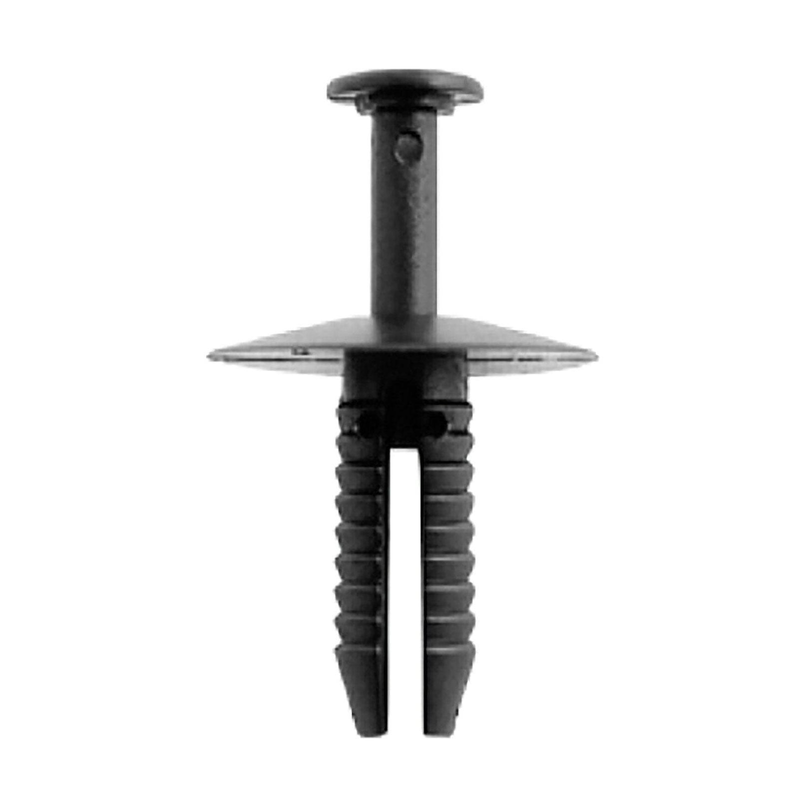 Kunststoff-Steckklemme mit flachem Kopf und geripptem Schaft, verwendet zum Befestigen von Verkleidungen oder Bauteilen in automotive Anwendungen oder bei Montagearbeiten.