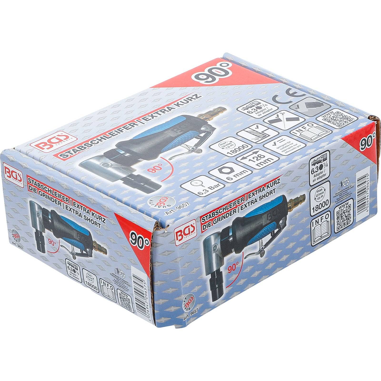 90° Winkelschleifer, Extra Kurz' Produktverpackung mit einem blauen Winkelschleifer-Bild, technischen Daten in mehreren Sprachen und Sicherheitssymbolen.