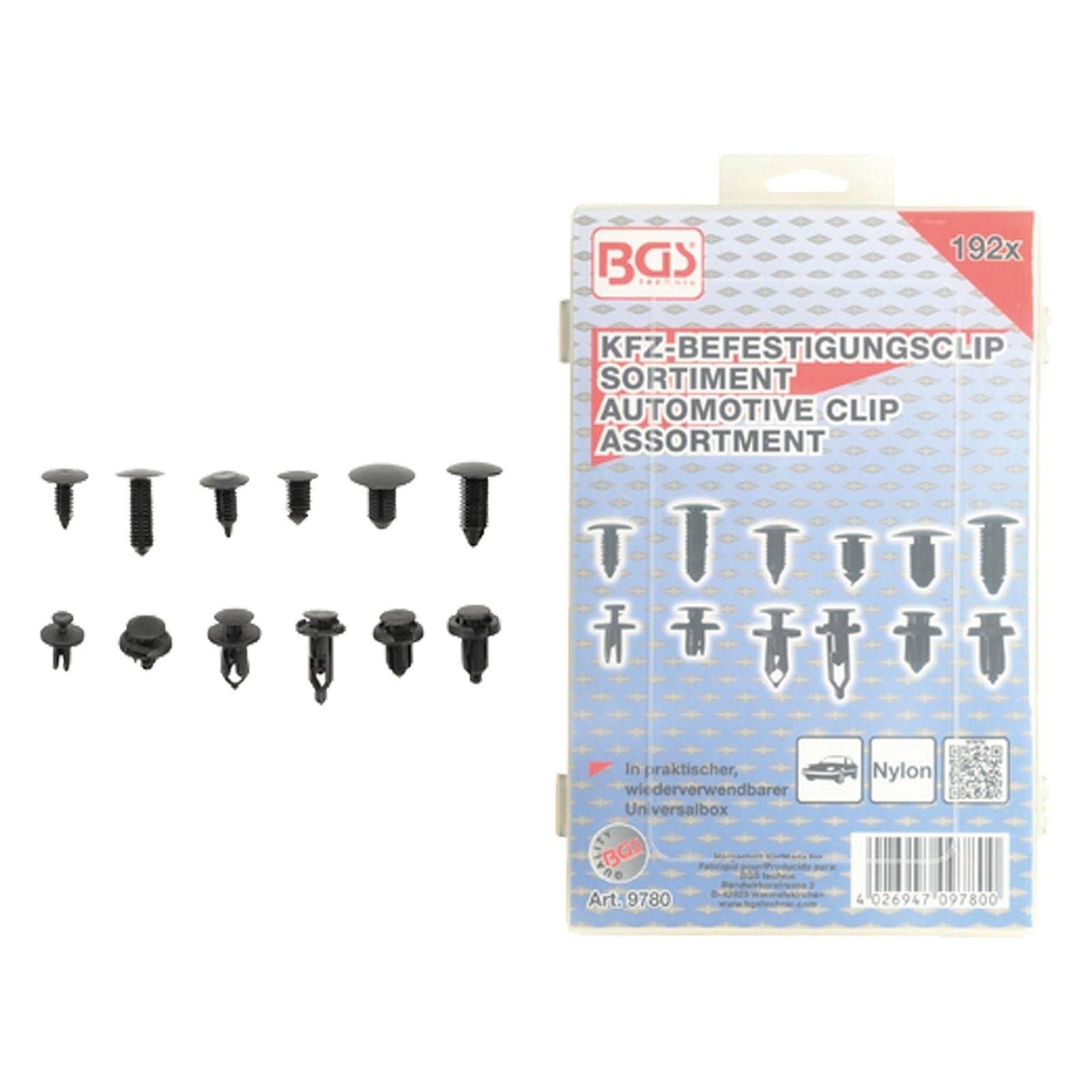 Sortiment von Automotive-Clips' mit verschiedenen Größen und Typen von Nylon-Clips. Blaue Box mit 192 Stück, Artikelnummer 9780.