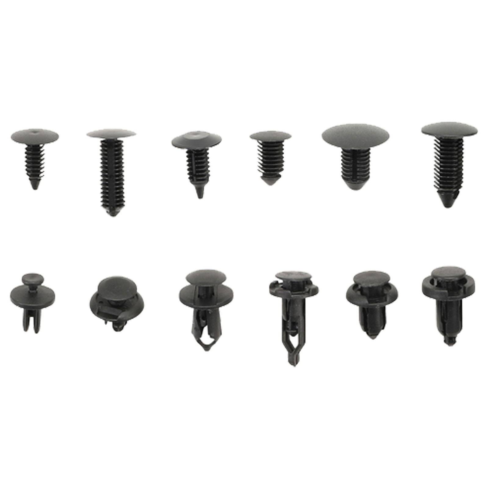 Eine Sammlung verschiedener schwarzer Plastik-Pinnwandklammern und Befestigungen, die in zwei Reihen angeordnet sind und unterschiedliche Größen und Kopfformen zeigen.