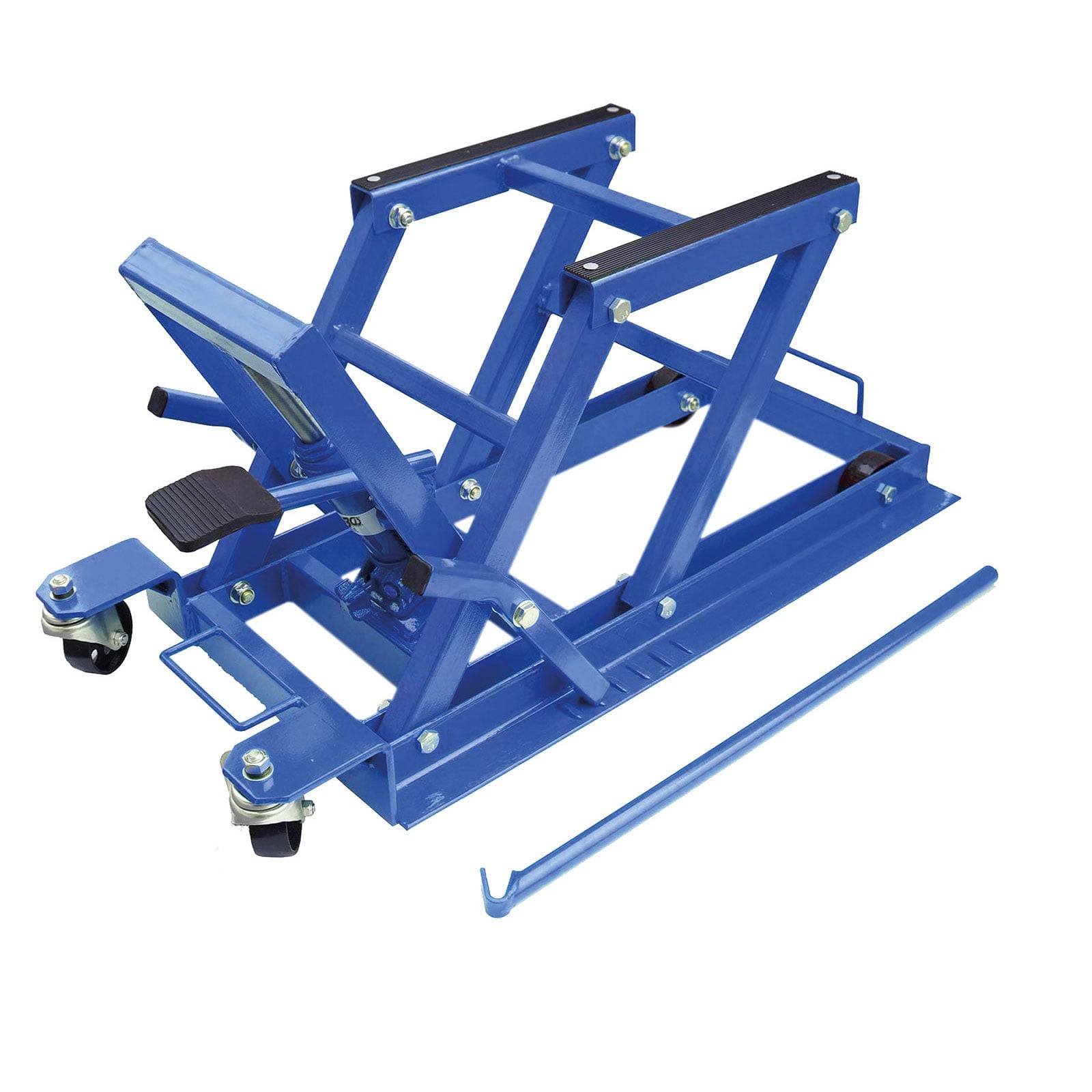 Ein blauer hydraulischer Motorradlift mit Rollen und Fußpedal, der zum Anheben von Motorrädern für Wartungs- oder Reparaturarbeiten verwendet wird.