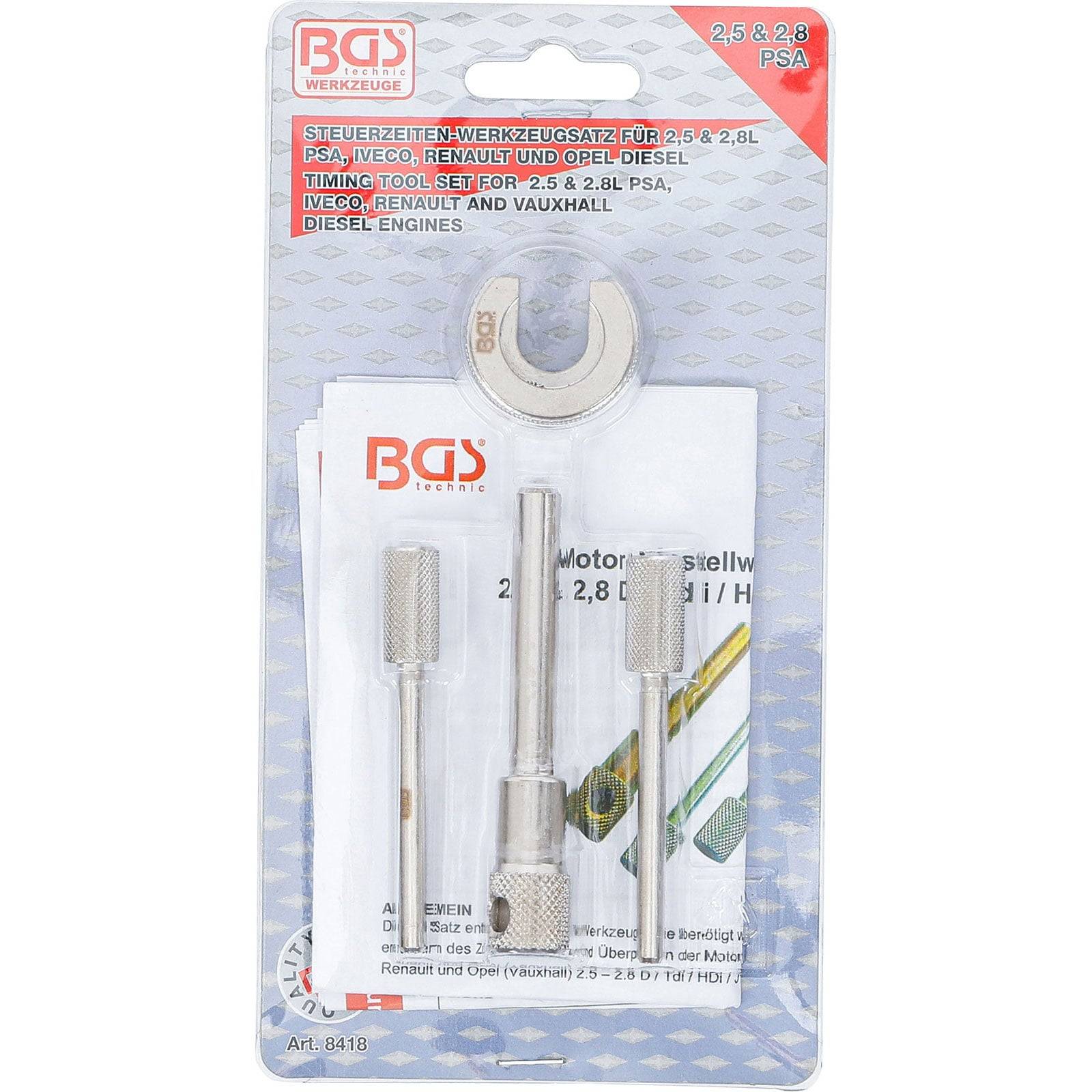 Zahnrad-Einstellwerkzeug-Set für Diesel-Motoren von PSA, Iveco, Renault, Vauxhall. Enthält verschiedene Werkzeugkomponenten auf einer beschrifteten Kartenunterlage.