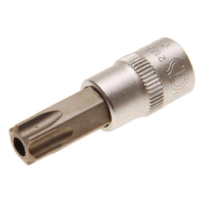 Ein Torx-Schraubendreher-Bitschaft mit metallischem Antriebsende, isoliert auf weißem Hintergrund.