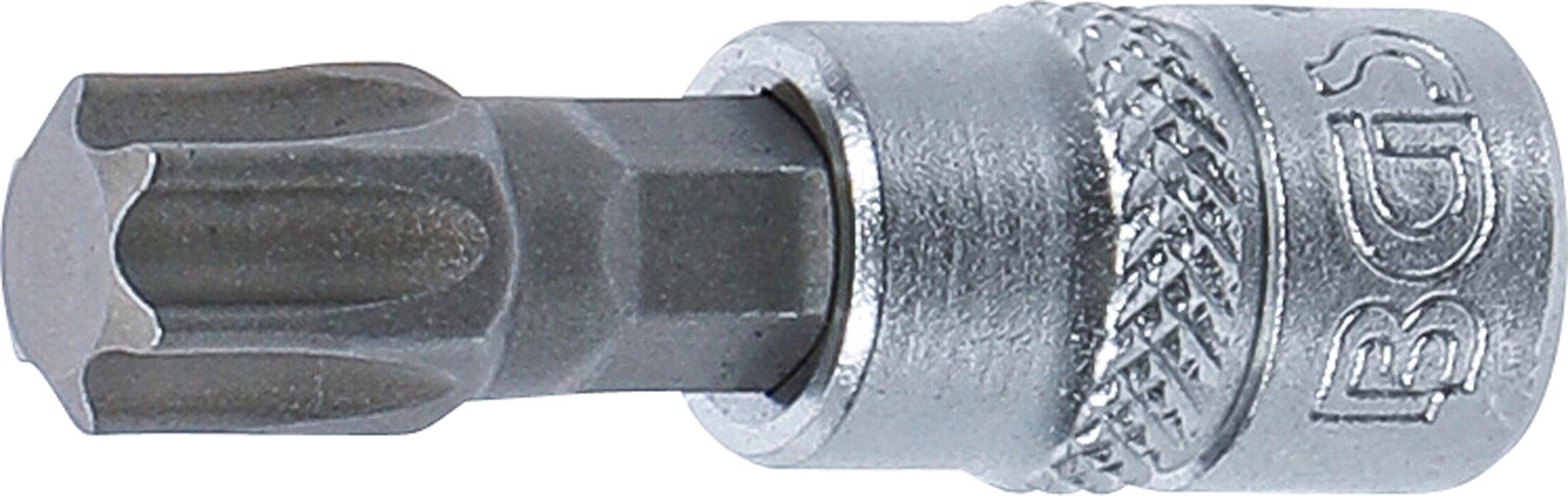 Nahaufnahme eines sechseckigen Schraubendreher-Bits, das in eine glänzende Metallfassung eingesetzt ist und zum Anziehen oder Lösen von Sechskantschrauben oder -bolzen verwendet wird.