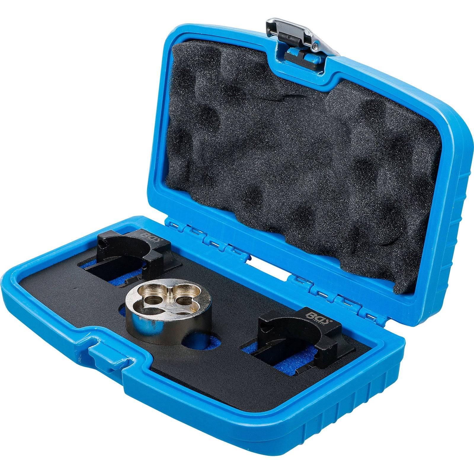 Ein offener blauer Kunststoff-Transportkoffer enthält Präzisionswerkzeugkomponenten, die sicher in Schaumstoffpolsterung eingebettet sind und zeigt ein organisiertes Inneres.