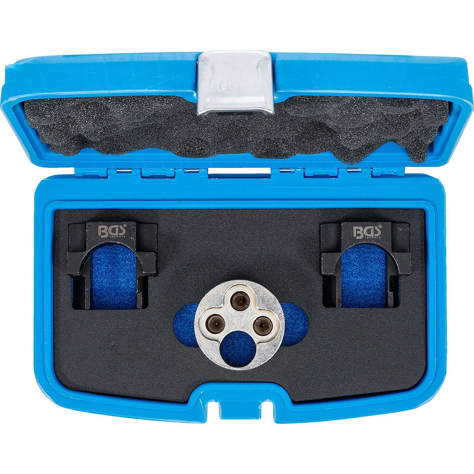 Eine blaue Box mit einem BGS Ventilspieleinstellwerkzeugsatz mit zwei blauen Haltern und einem silbernen kreisförmigen Teil, entwickelt für präzise Motoreinstellungen.