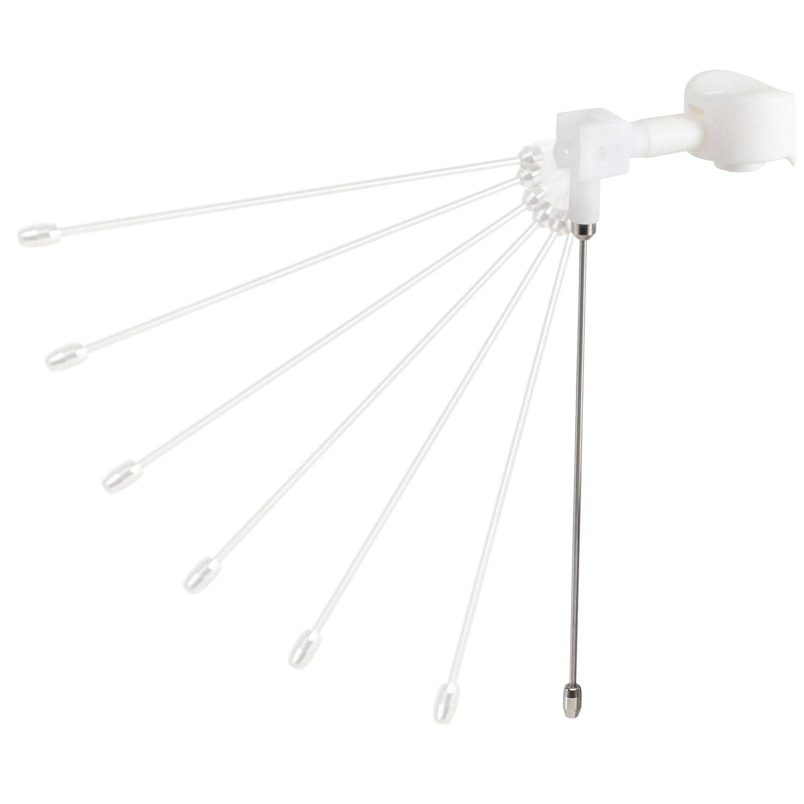 Eine weiße, an der Wand montierte ausziehbare Wäscheleine mit ausgebreiteten Armen, wobei jeder Arm eine Stange zum Aufhängen von Kleidung trägt, aus Seitenansicht gezeigt.