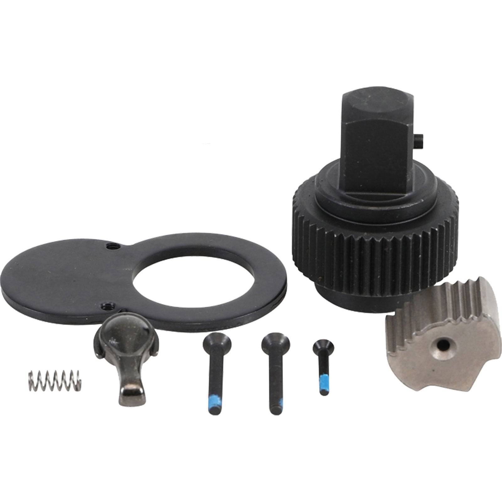 Reparatursatz für einen Ratschenschlüssel mit Komponenten einschließlich Zahnrad, Hebel, Schrauben und einer Feder. Wesentlich für die Reparatur oder Wartung des Werkzeugs.