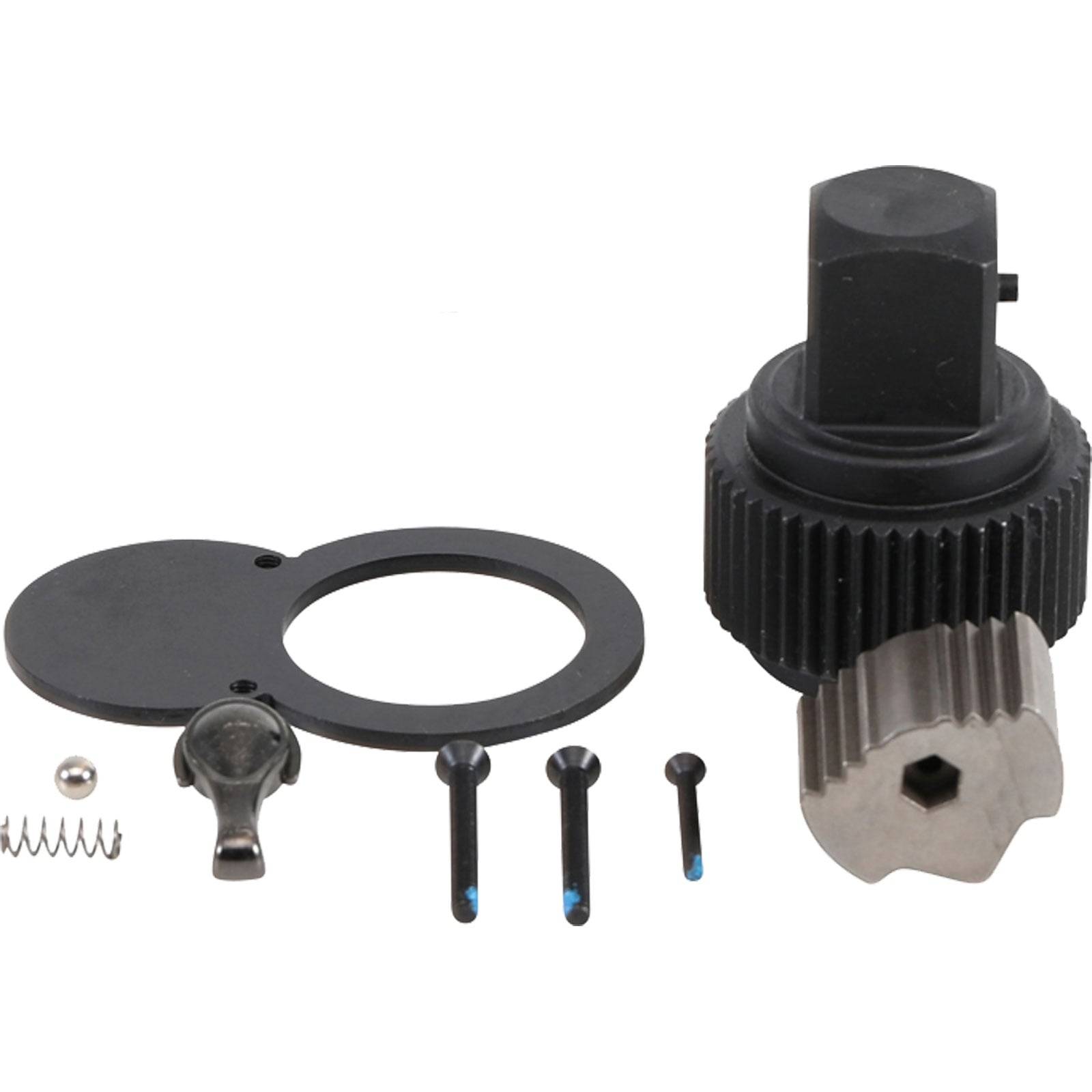 Steckschlüssel-Reparaturset mit schwarzen und silbernen Komponenten, einschließlich eines Getriebes, Schrauben, Feder und Hebel, auf einer weißen Oberfläche angeordnet.