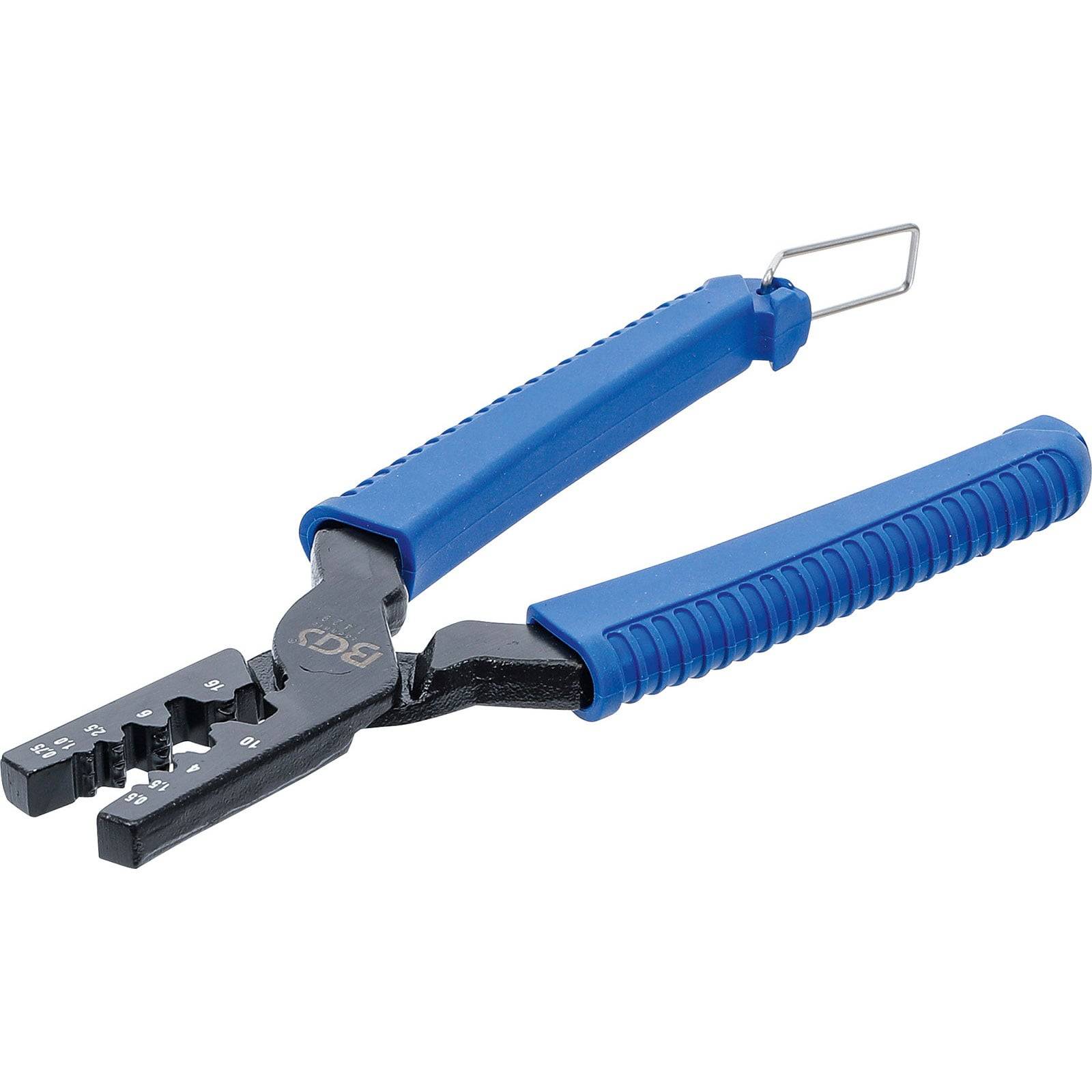 Ein blau-griff Crimpzange mit mehreren Stanzgrößen zum Crimpen, ausgestattet mit einer Metall-Sicherheitsverriegelung.