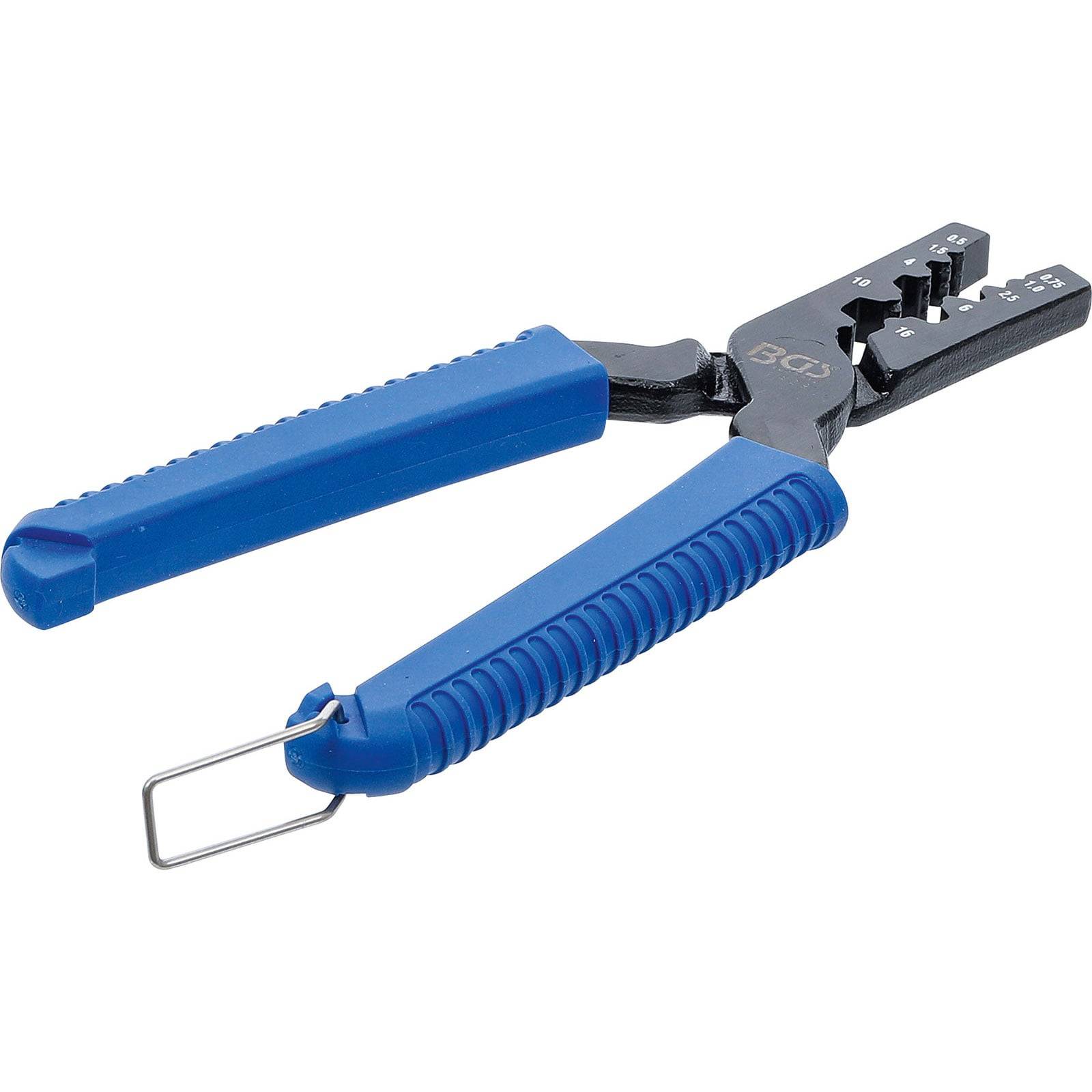 Ein blau-schwarzer Abisolierwerkzeug mit mehreren Aussparungen für verschiedene Drahtgrößen, der auf einem weißen Hintergrund liegt.