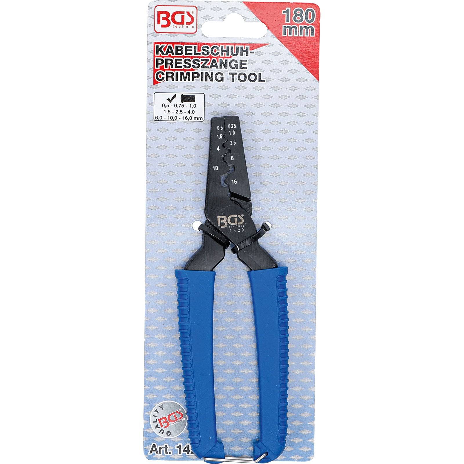 Kabelschuhcrimpzange, 180 mm, BGS, in Verpackung, zeigt Werkzeug mit blauen Griffen und Messangaben für Kabelquerschnitte von 0,5 bis 10,0 mm².