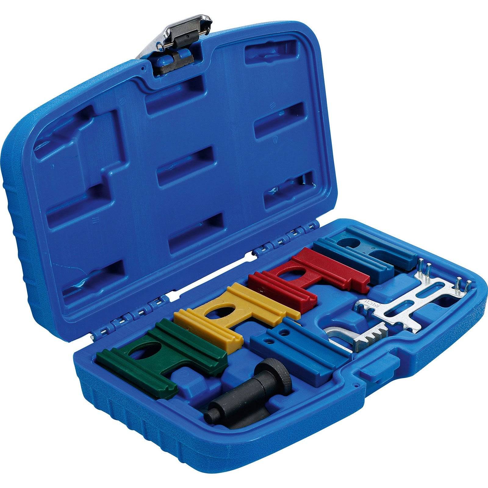 Eine blaue Kunststoffbox, die verschiedene bunte Klempnerwerkzeuge enthält, darunter Schraubschlüssel und Verbinder, die in geformten Fächern organisiert sind.