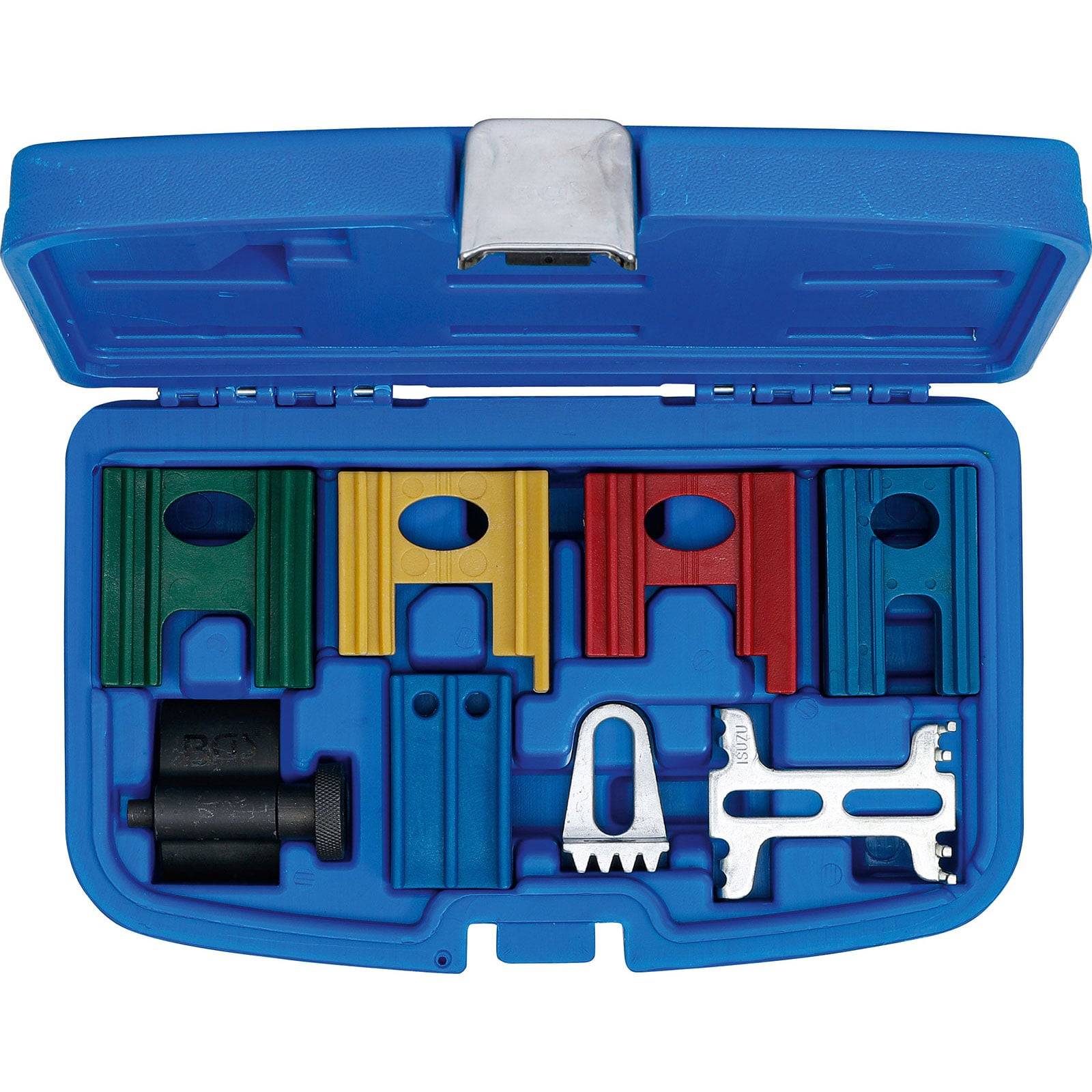 Eine blaue Plastikbox, die verschiedene farbenfrohe geschlitzte Werkzeuge und Komponenten enthält, die für spezifische mechanische Anwendungen sorgfältig und ordentlich angeordnet sind.