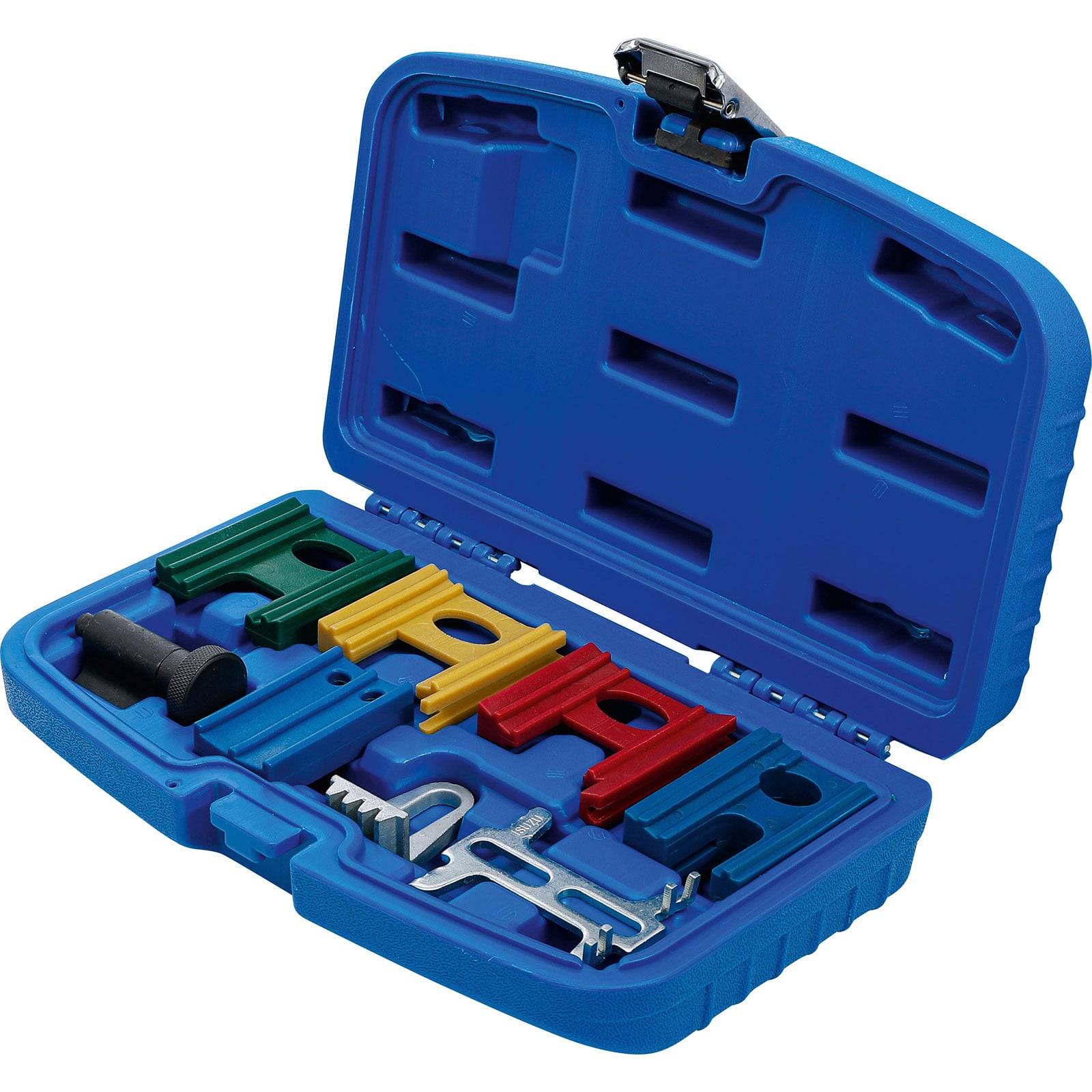 Eine blaue Kunststoffbox, geöffnet, zeigt verschiedene Werkzeugteile, darunter bunte Schraubenschlüssel und Einzelteile, sorgfältig für mechanische Zwecke angeordnet.