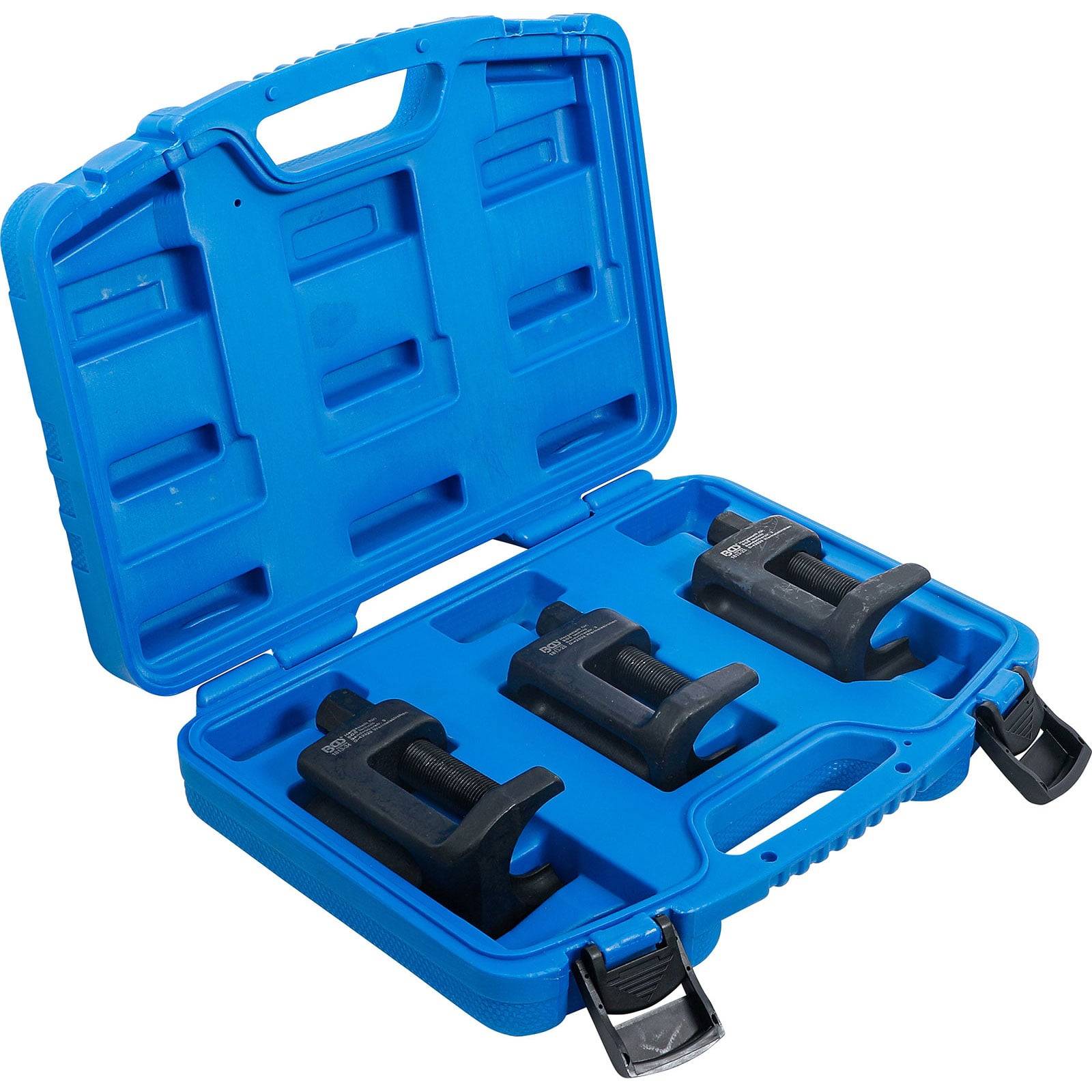 Ein blauer Kunststoffkoffer mit Griff enthält drei Metallabzieher, die in geformten Fächern befestigt sind. Der Koffer verfügt über schwarze Verschlüsse.