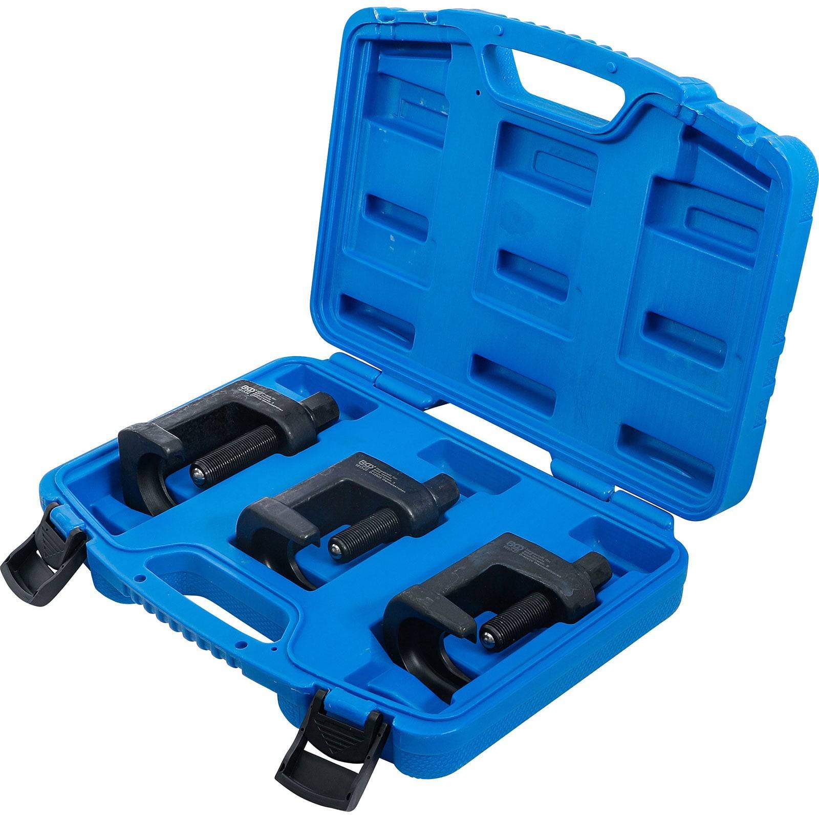 Blaue Plastikbox mit drei Metallbremsscheibenbremssattel-Rückstellwerkzeugen.