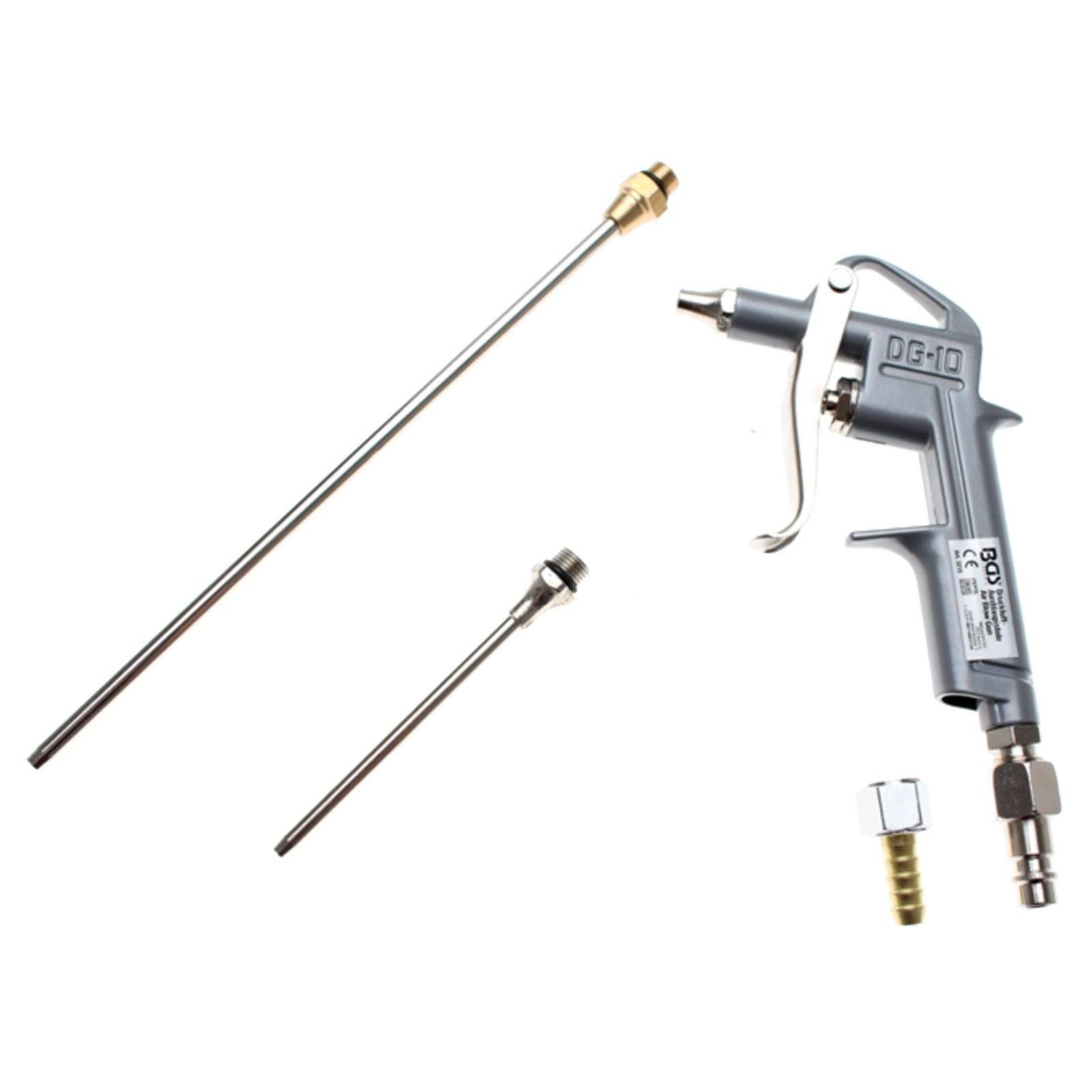 Druckluftpistole mit zwei auswechselbaren Düsen zur industriellen Reinigung oder Staubentfernung, auf weißem Hintergrund abgebildet.