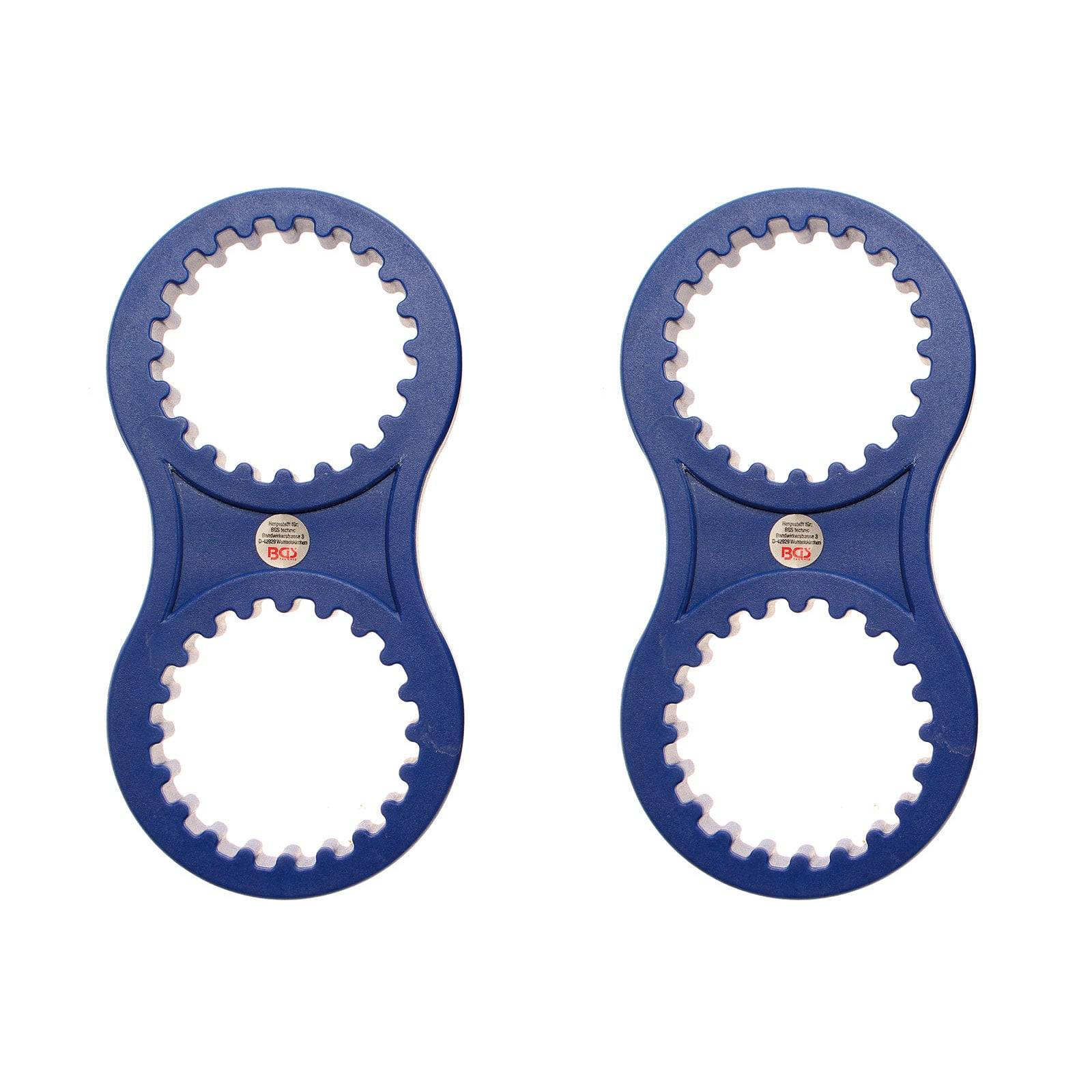 Zwei blaue Kunststoff-Deckelöffner mit zahnradartigen Griffen, jeweils mit zwei verschiedenen Größen, entwickelt zum Öffnen von Schraubgläsern.