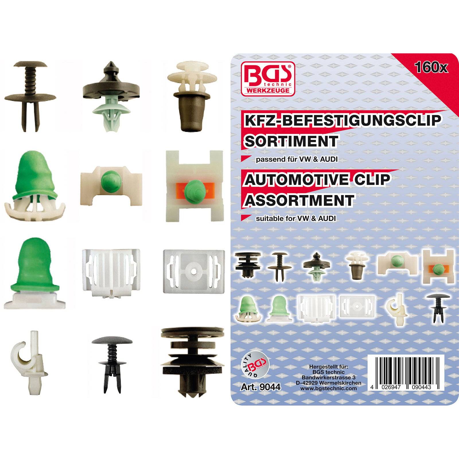 BGS Werkzeuge Automotive Clip-Sortiment, die verschiedene Autoklips für VW & Audi auf weißem Hintergrund zeigt, mit Produktdetails.