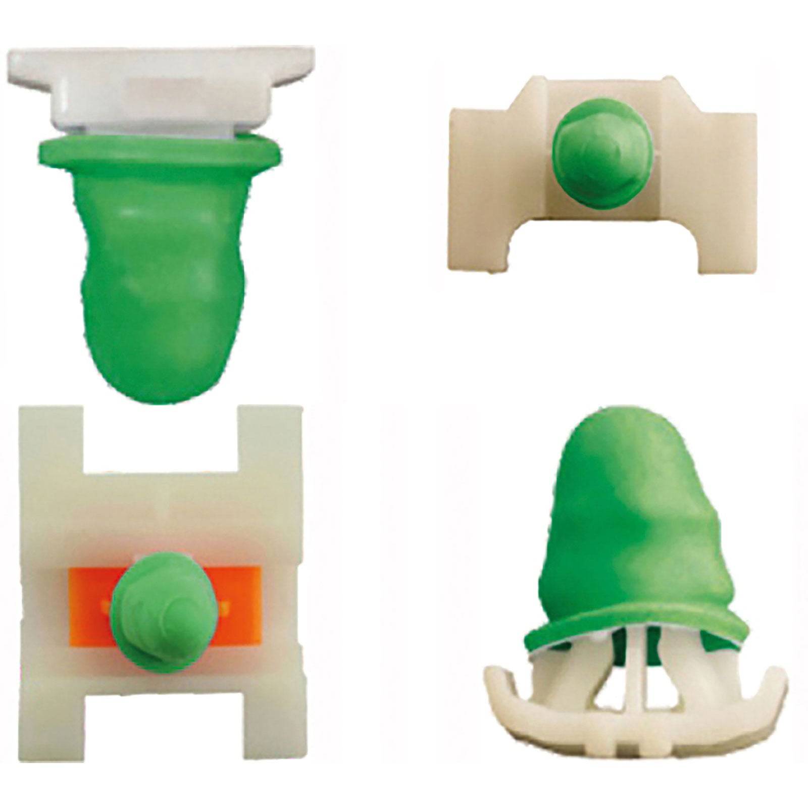 Verschiedene Formen von grünen und weißen Gummistopfen werden vor einem einfarbigen Hintergrund präsentiert, wobei unterschiedliche Designmerkmale und Winkel zur Geltung kommen.