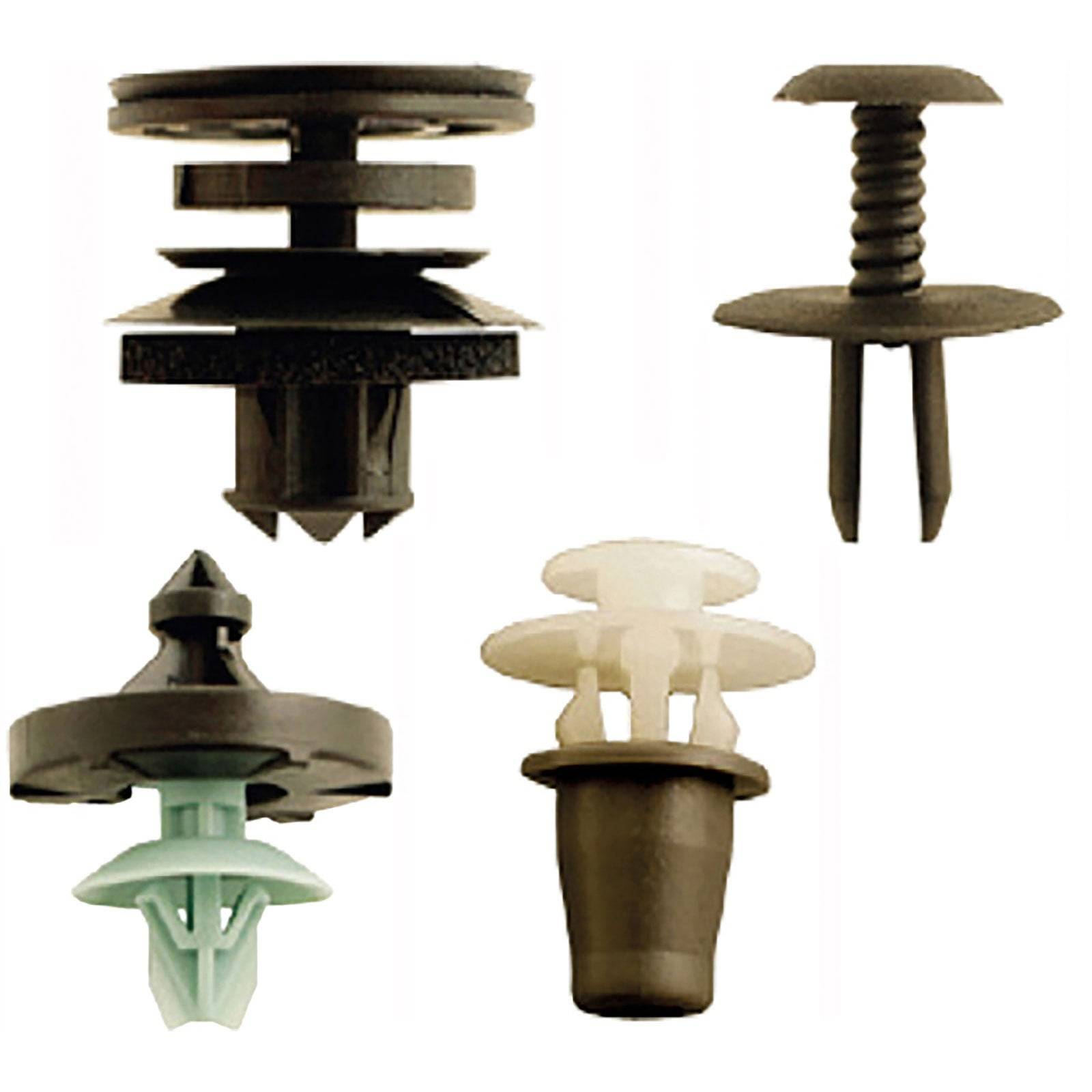 Vier verschiedene Arten von schwarzen und weißen Kunststoff-Autobefestigungen, die in Form und Design variieren, werden auf einem einfarbigen Hintergrund präsentiert.