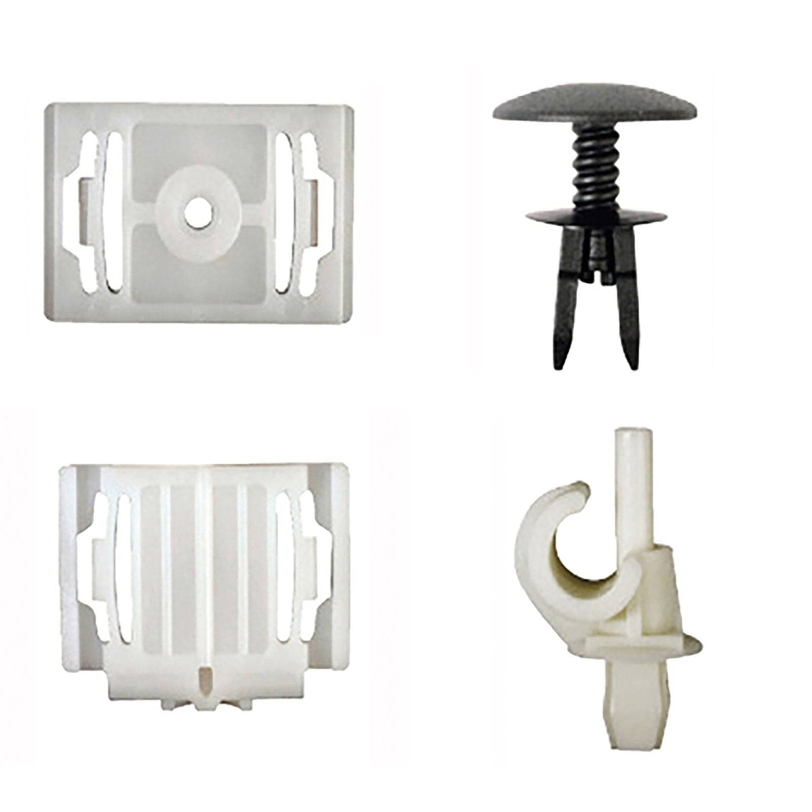 Vier Autoteilebefestigungen: ein weißer quadratischer Clip, ein schwarzer Druckniete, ein weißer rechteckiger Clip und eine weiße Kabelklemme.