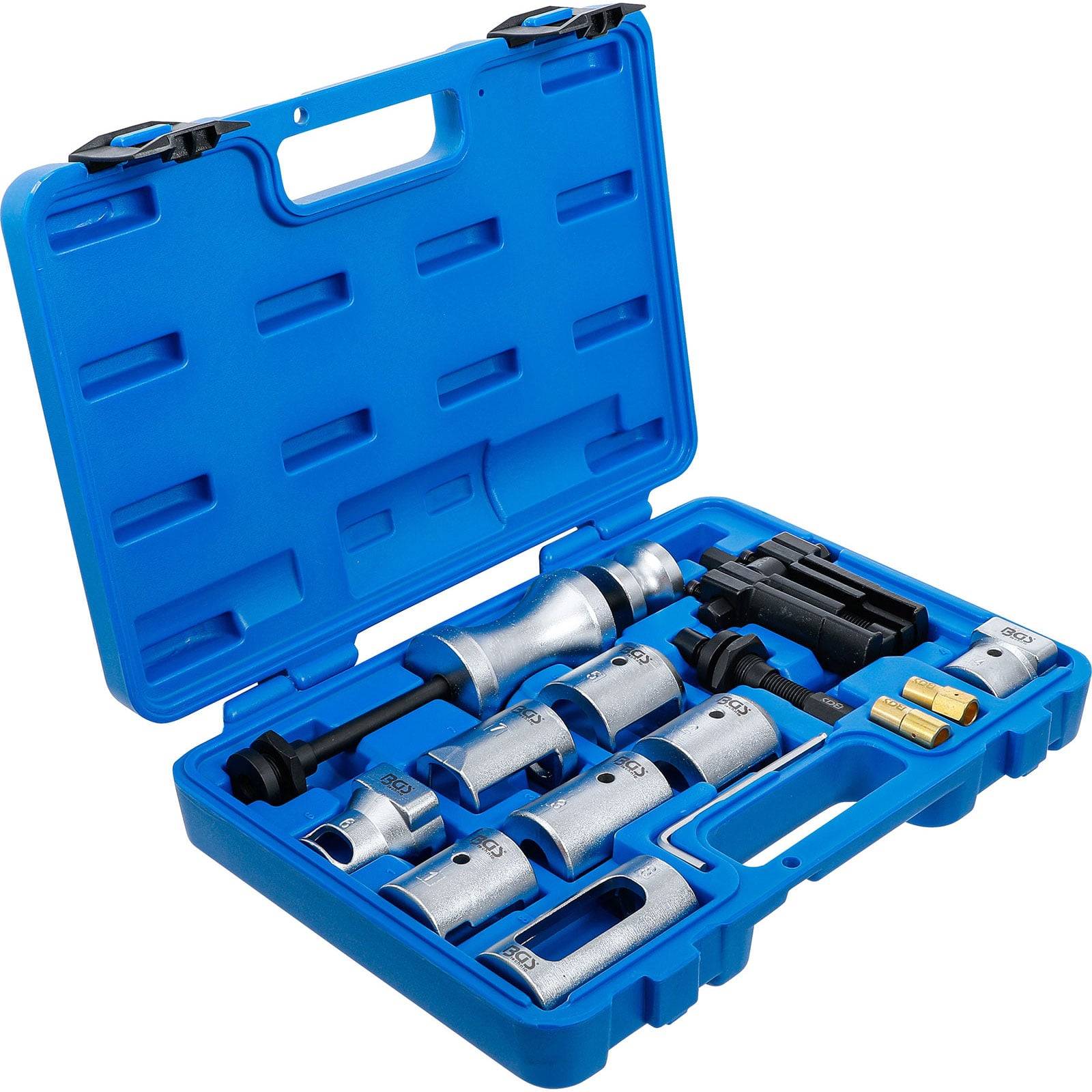 Eine blaue Plastikbox, die einen Satz Lochsägen aus Silber in verschiedenen Größen und Zubehörteilen enthält, die zum präzisen Bohren von Löchern in verschiedenen Materialien verwendet werden.
