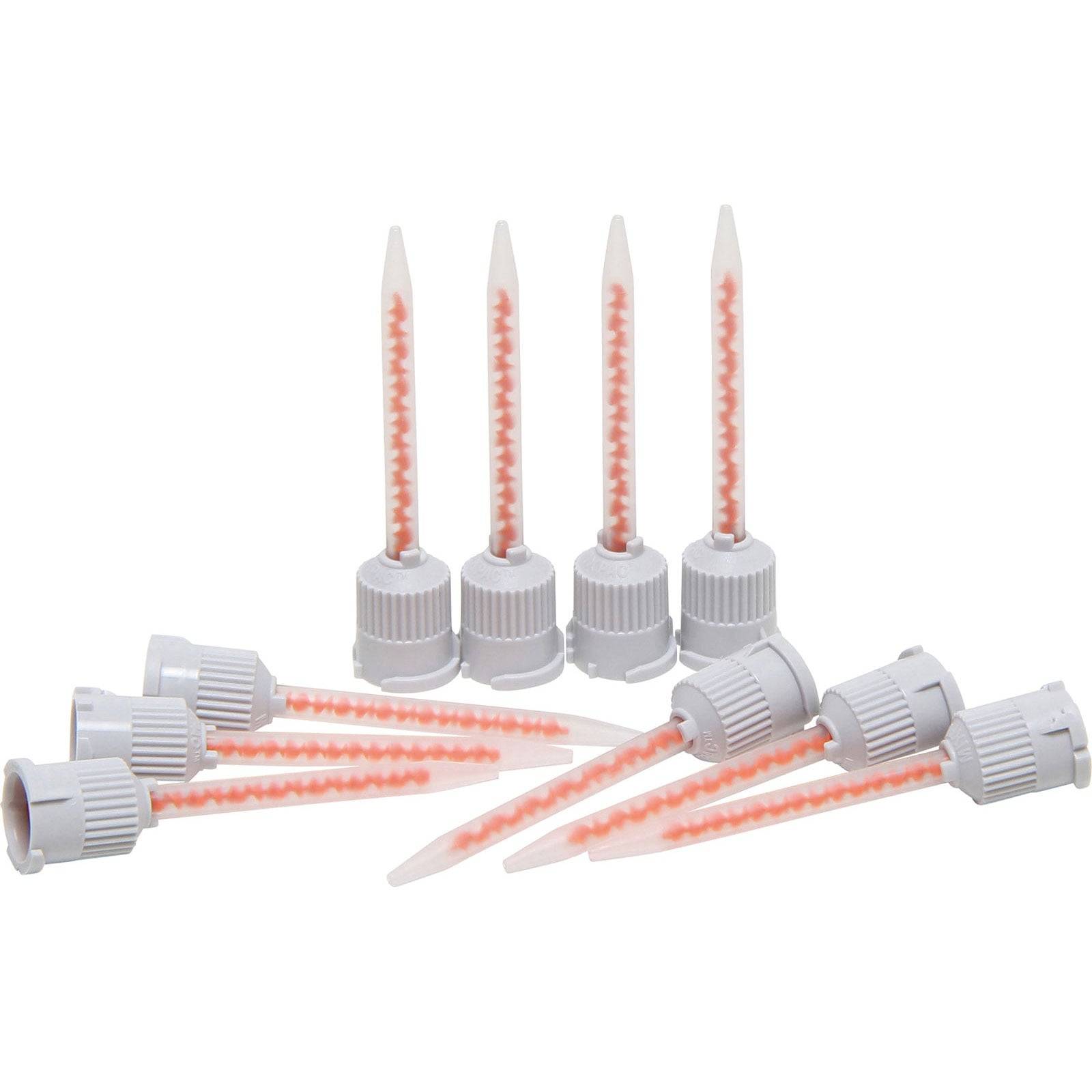 Sieben weiße und orangefarbene Mischdüsen mit Schraubverschlüssen auf weißem Hintergrund, aufrecht und liegend angeordnet.