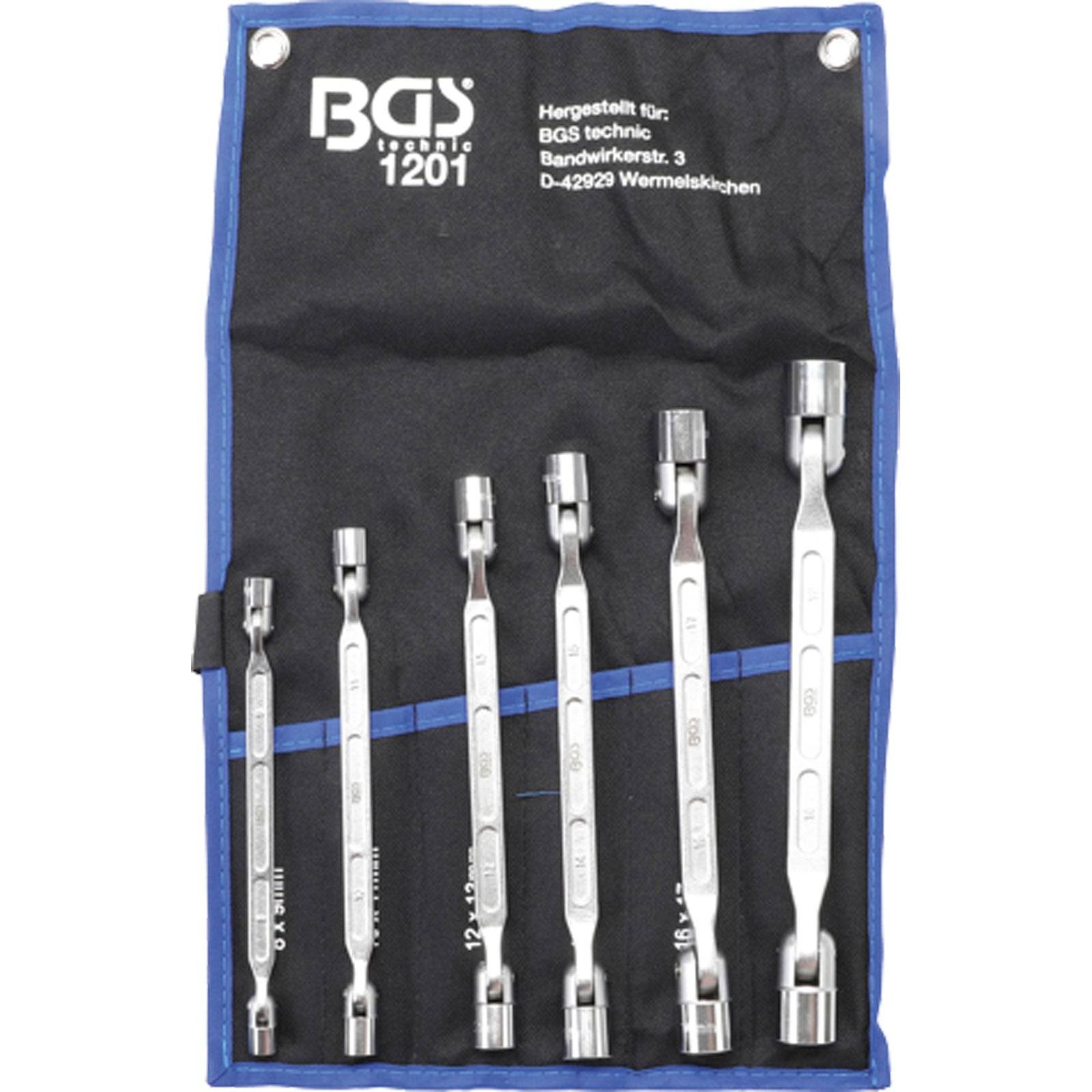 Satz von sechs BGS-Bremsleitungsschlüsseln, von 8 mm bis 14 mm beschriftet, in einem blau-schwarzen Stoff-Etui präsentiert.