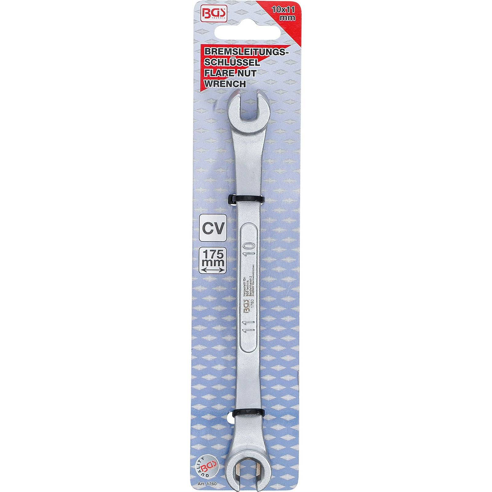 Ein BGS Leitungsschlüssel, Größe 10x11 mm, verpackt auf einer Markenkarte. Verwendet zum Greifen von Überwurfmuttern an Automobilbremsschläuchen.